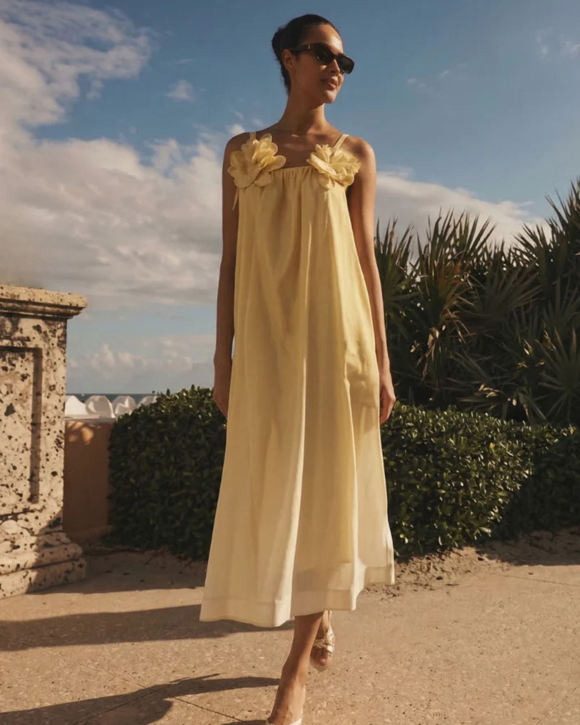 Mestiza Solenn Ombré Organza Appliqué Midi Dress in Yellow Size XL