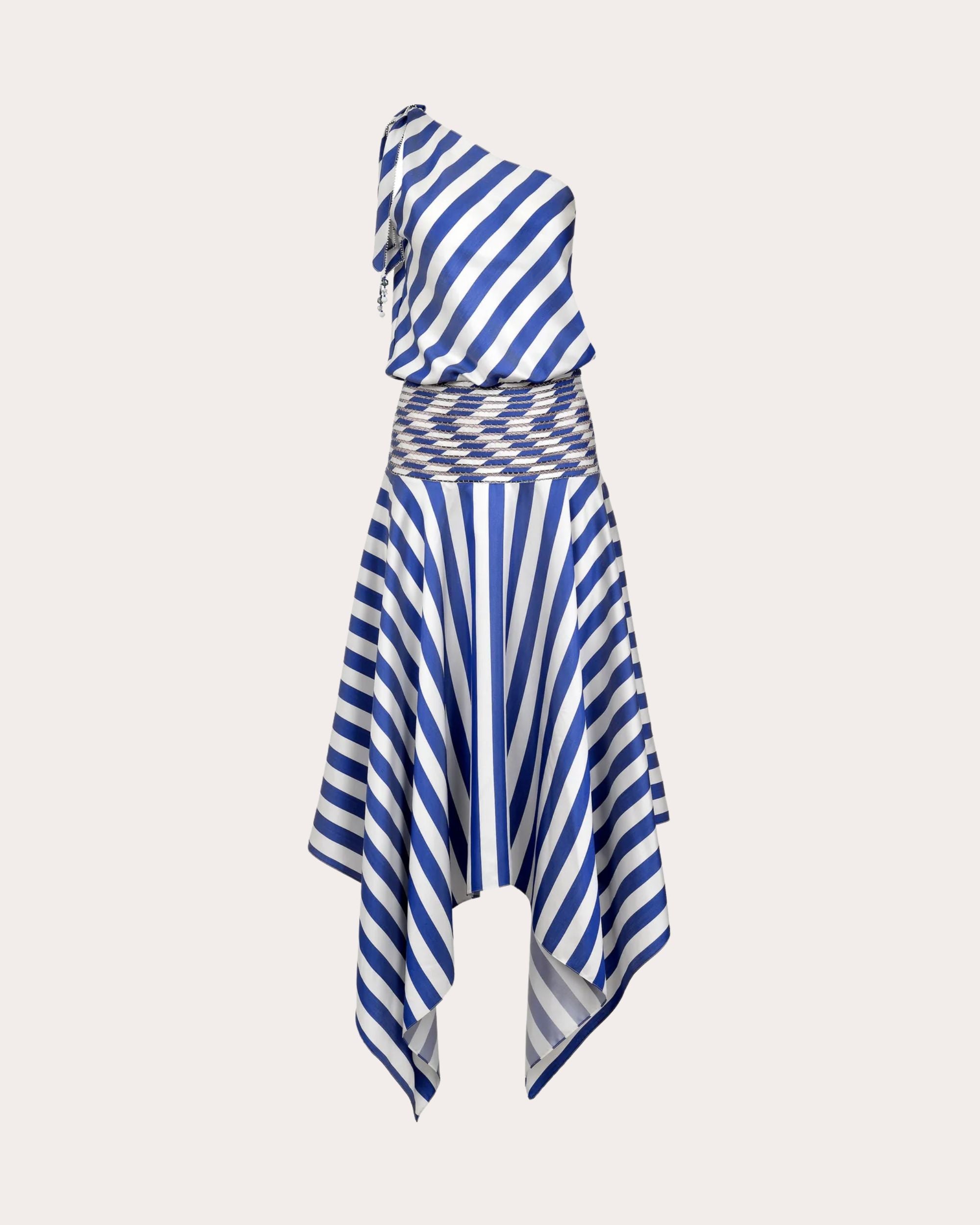 Banda Stripe Silk Asymmetric Handkerchief Dress