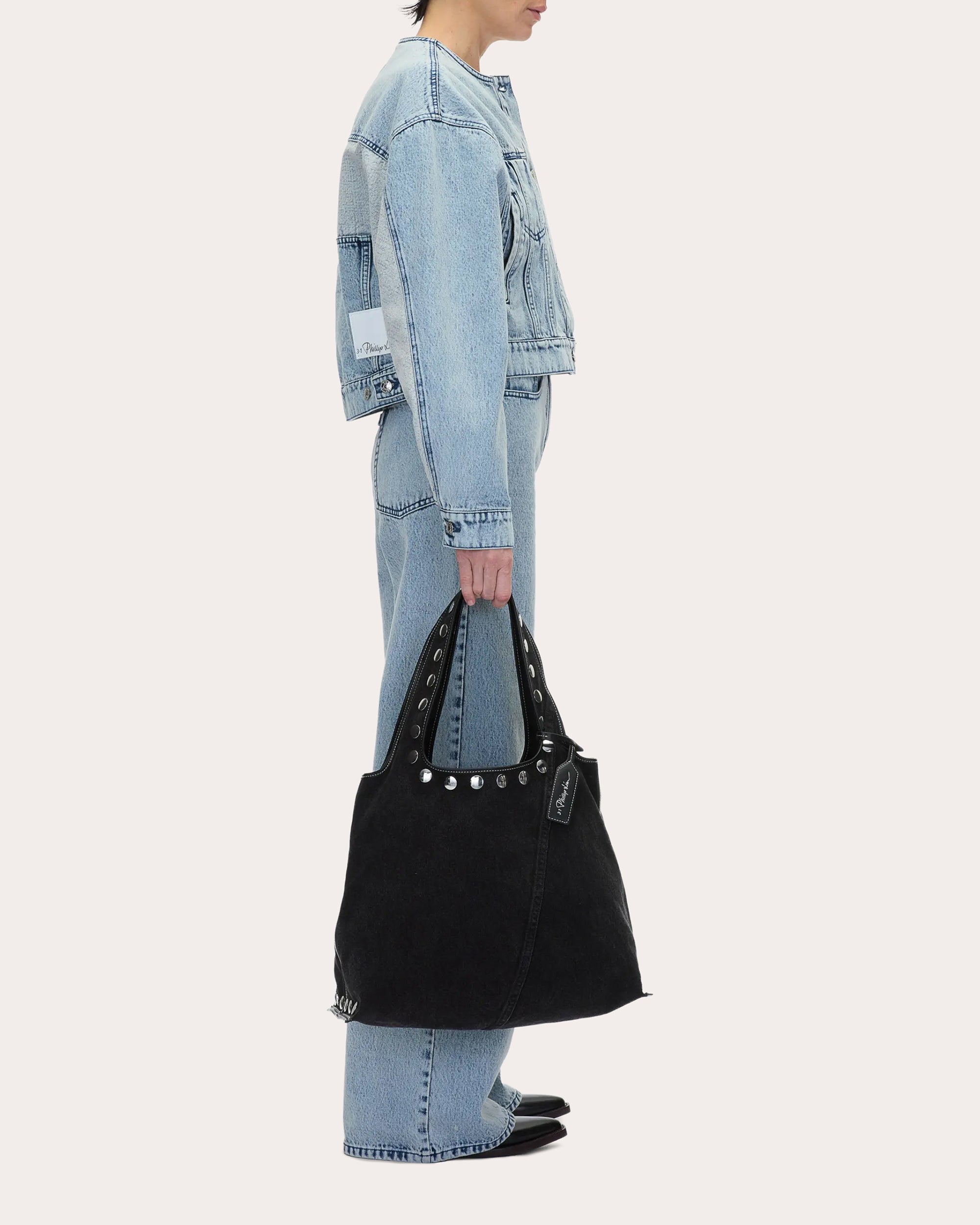 Market Stud-Embellished Washed Denim Tote