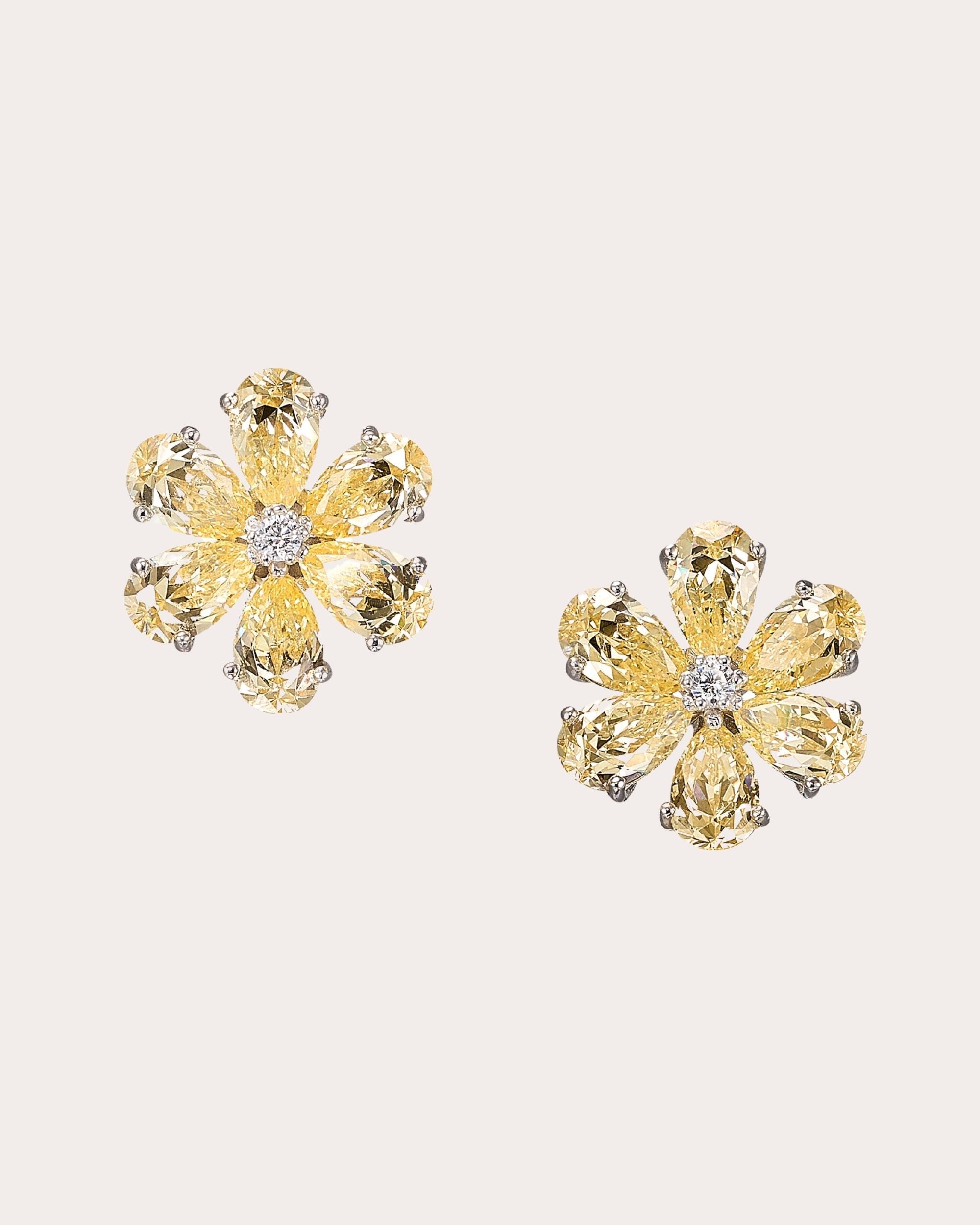 White & Canary Diamond Marguerite Daisy Stud Earrings