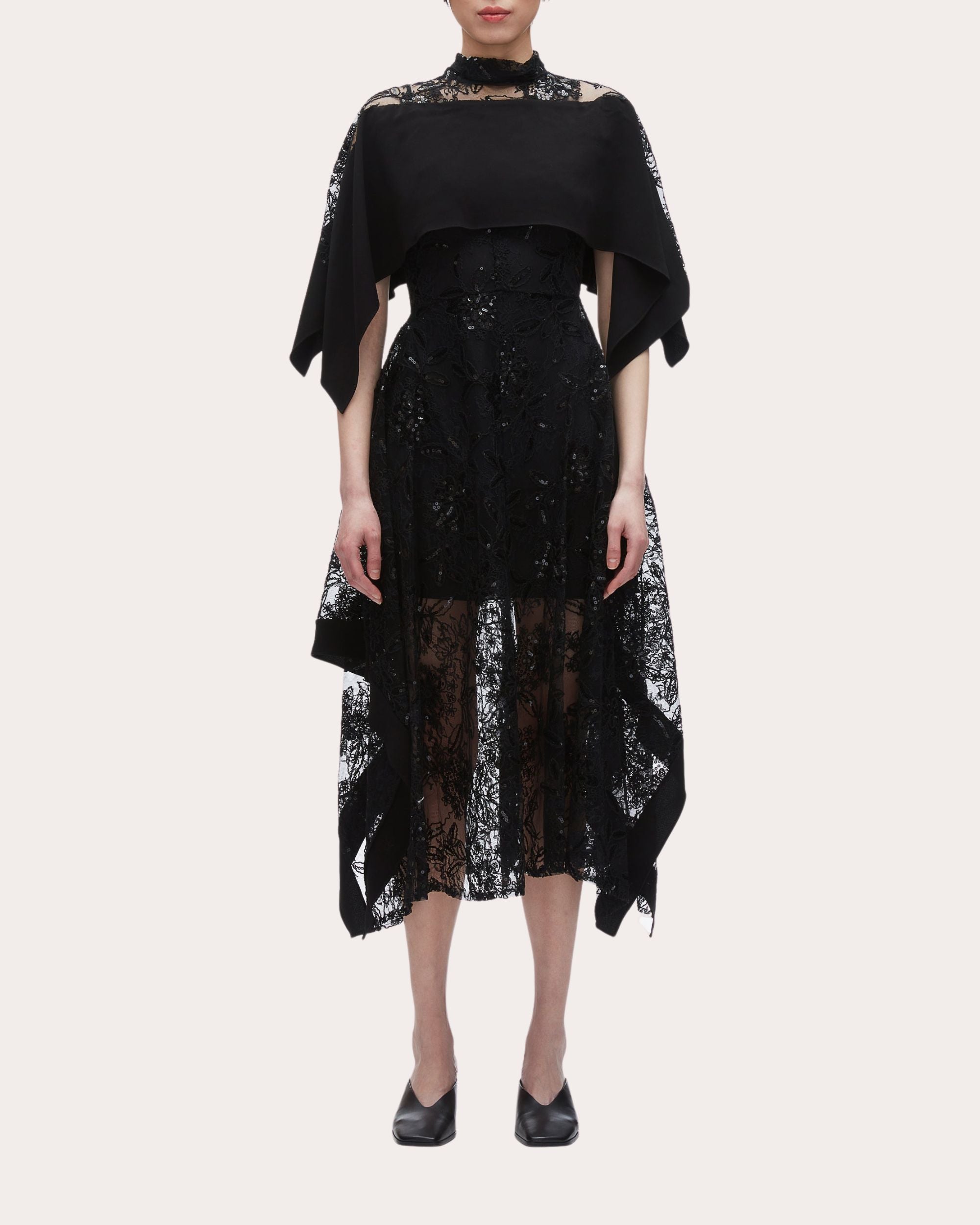 Sequin Floral Lace Cape Handkerchief Dress | Olivela Sequin Floral Lace Cape Handkerchief Dress | Olivela