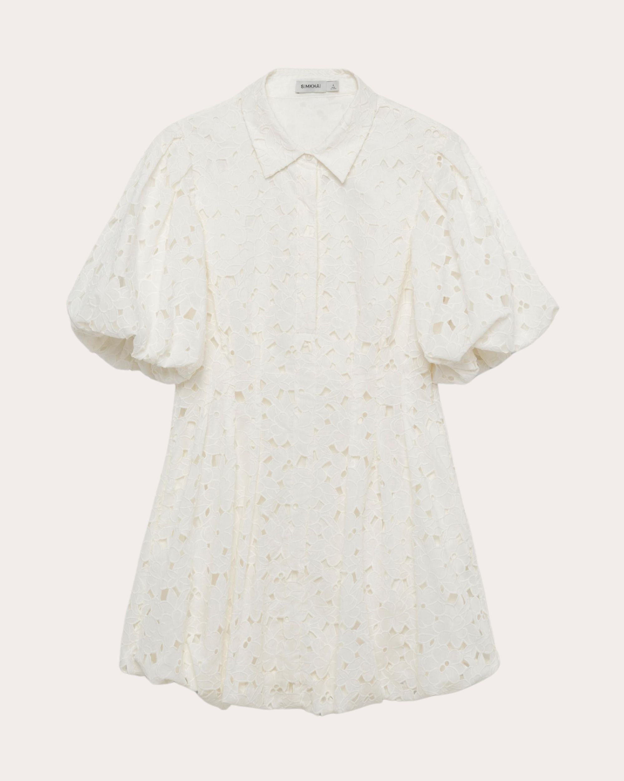 Cleo Embroidered Cotton Puff-Sleeve Mini Shirt Dress