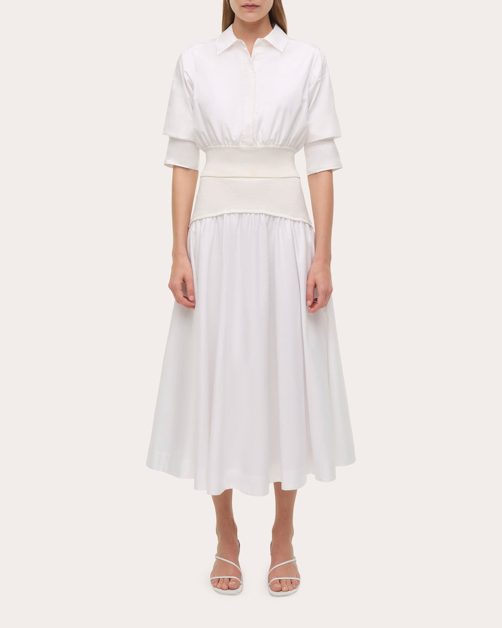 Ovie Gathered Poplin Knit Combo Midi Skirt