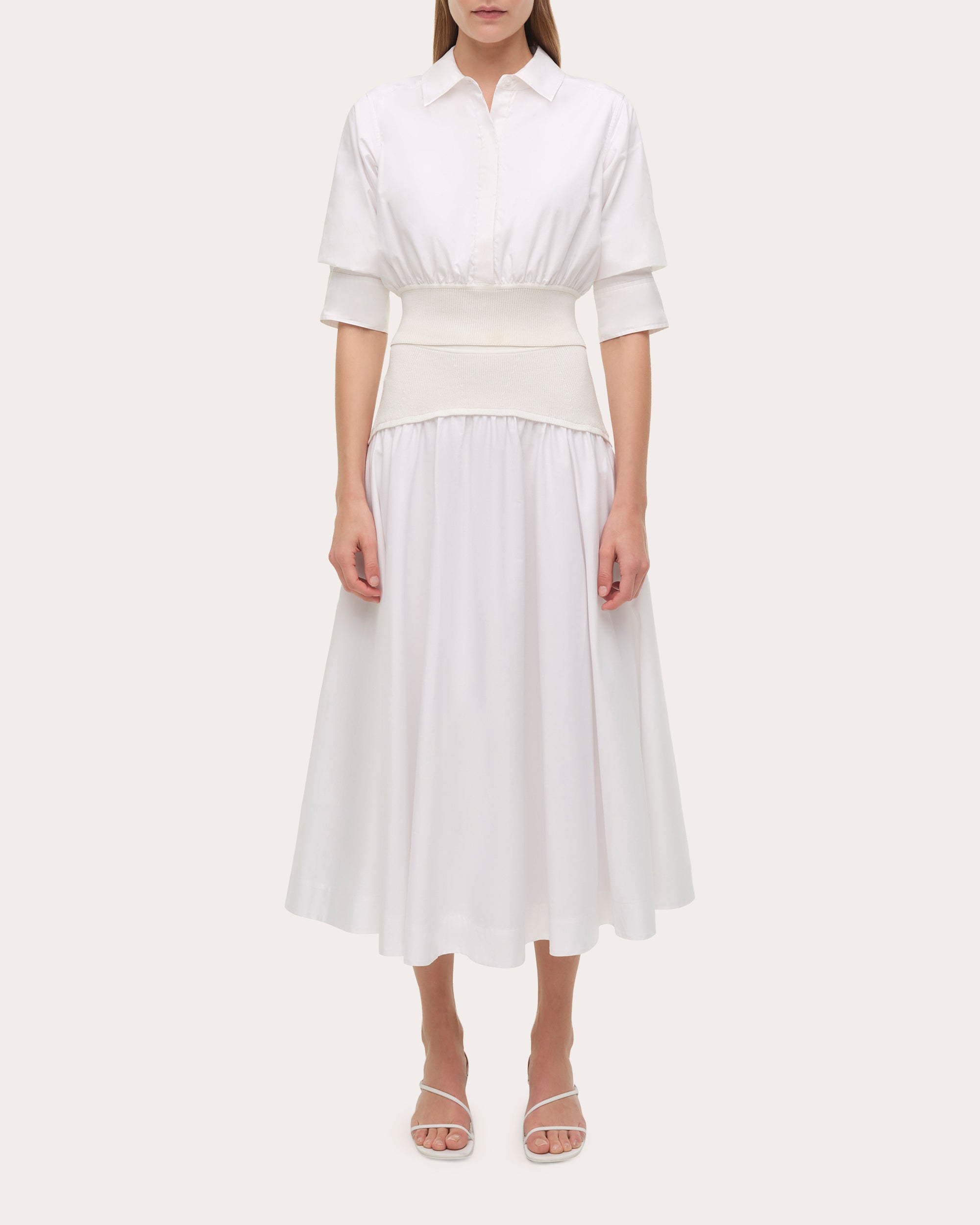 Ovie Gathered Poplin Knit Combo Midi Skirt