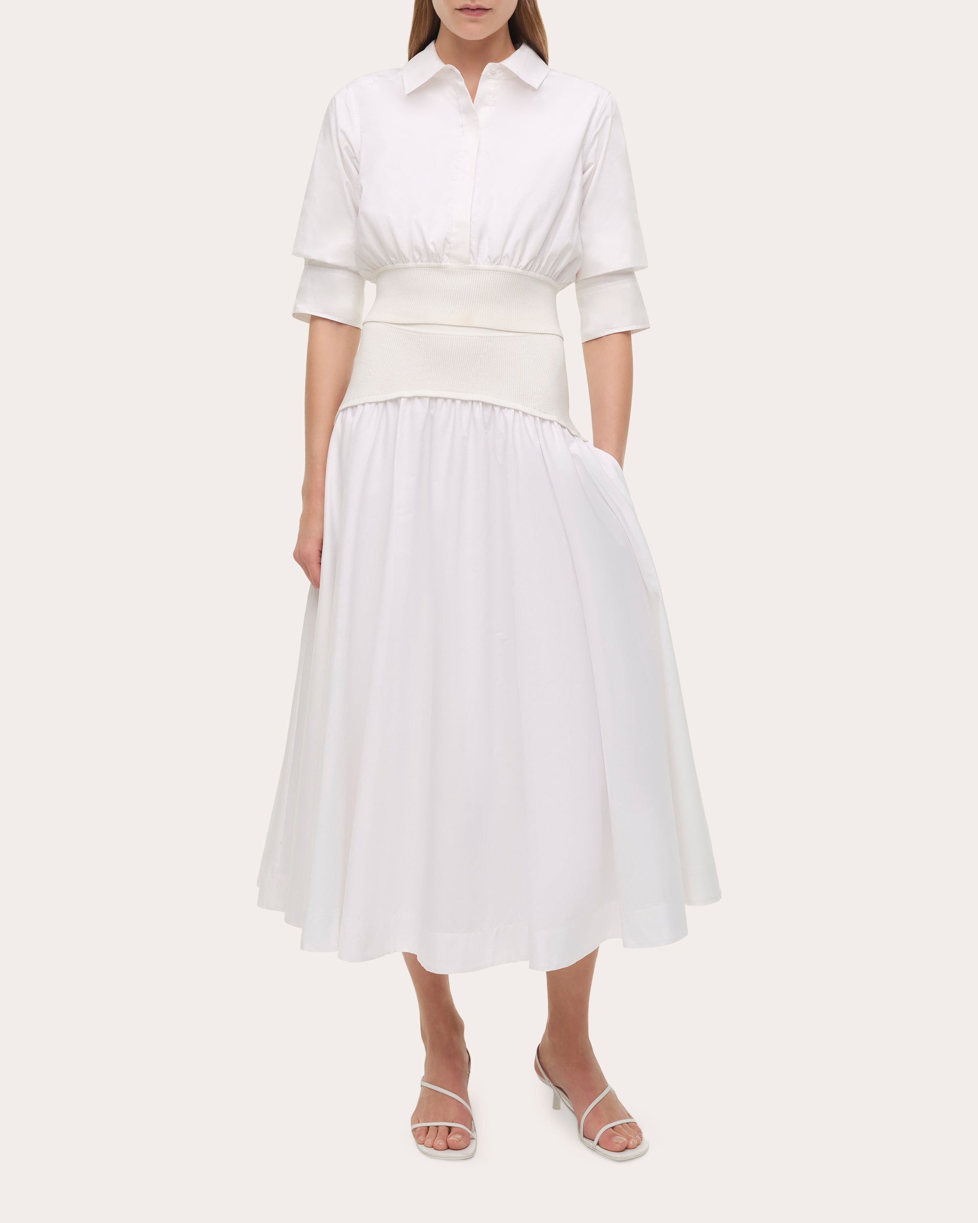 Ovie Gathered Poplin Knit Combo Midi Skirt