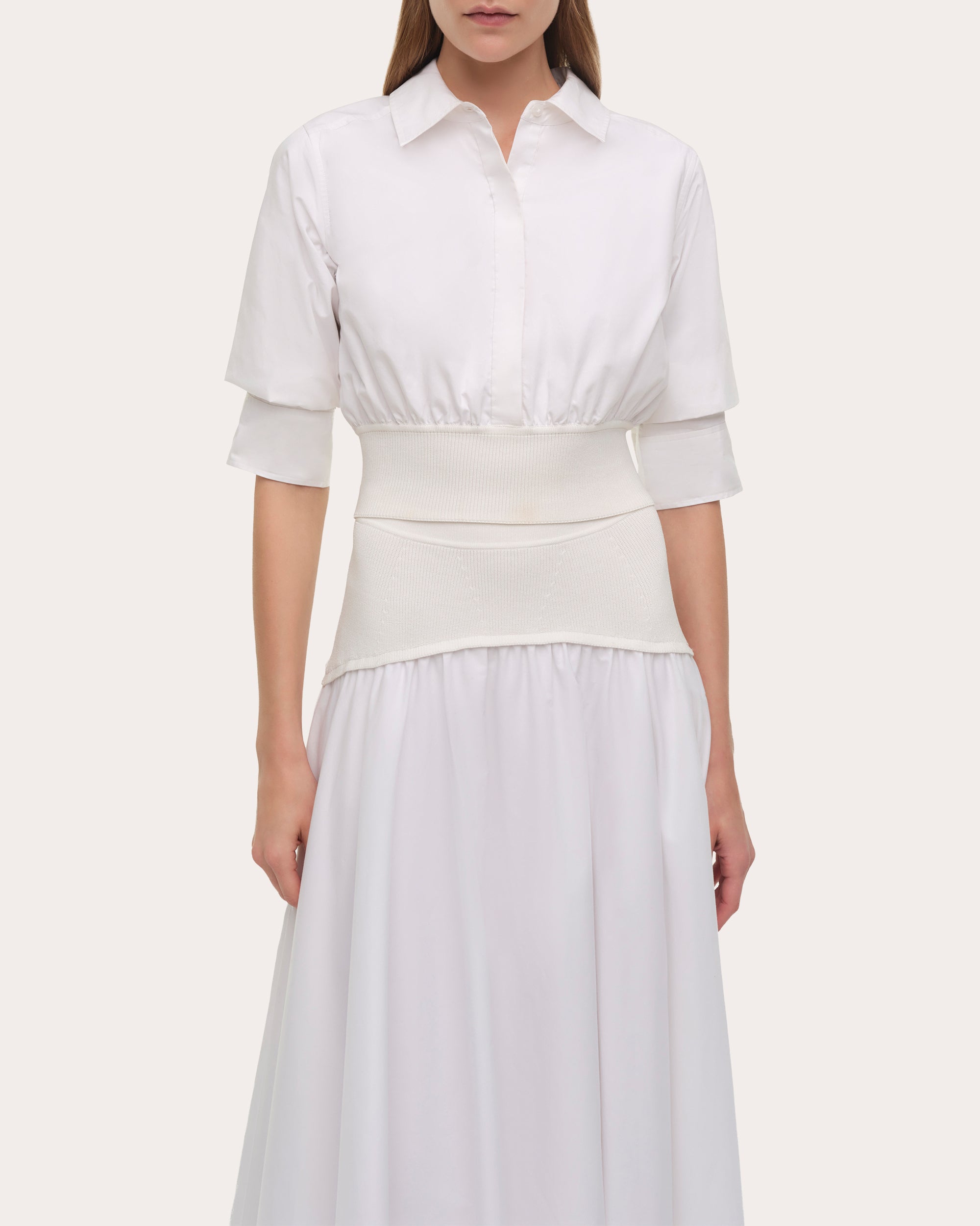 Ovie Gathered Poplin Knit Combo Midi Skirt