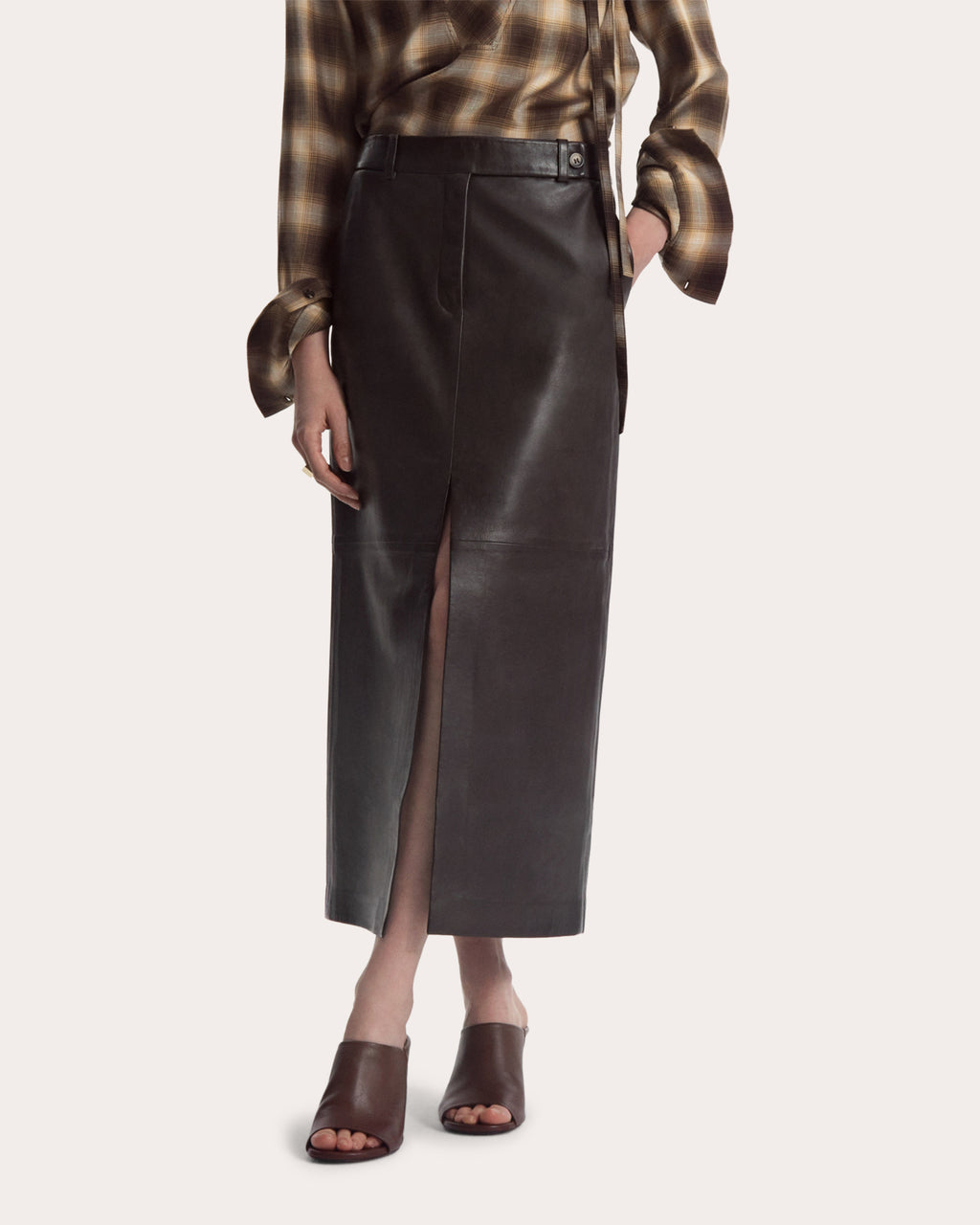 Leather Front-Slit Midi Skirt
