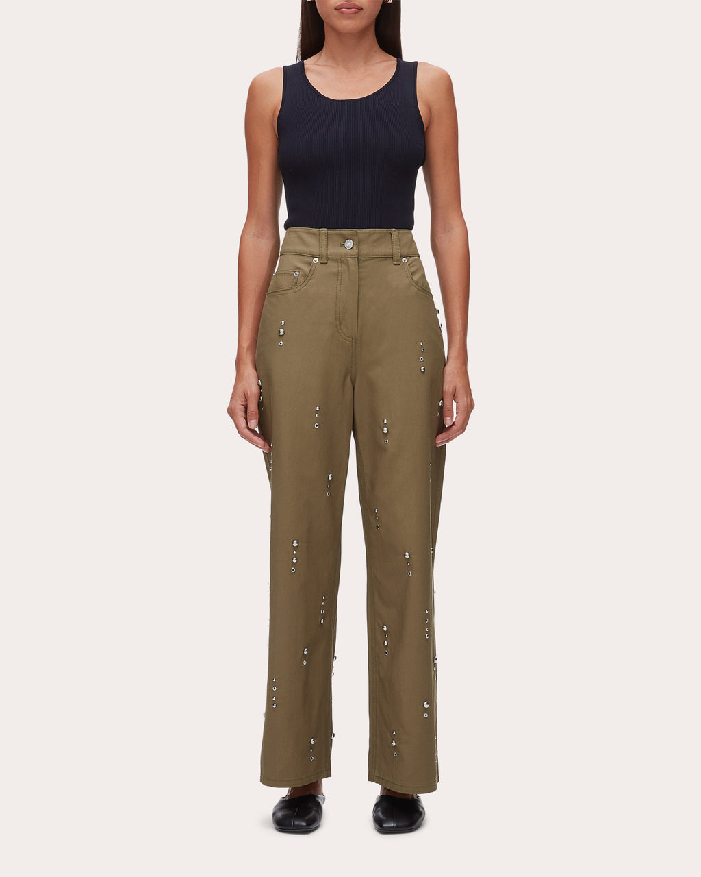 Studded Twill Wide-Leg Pants