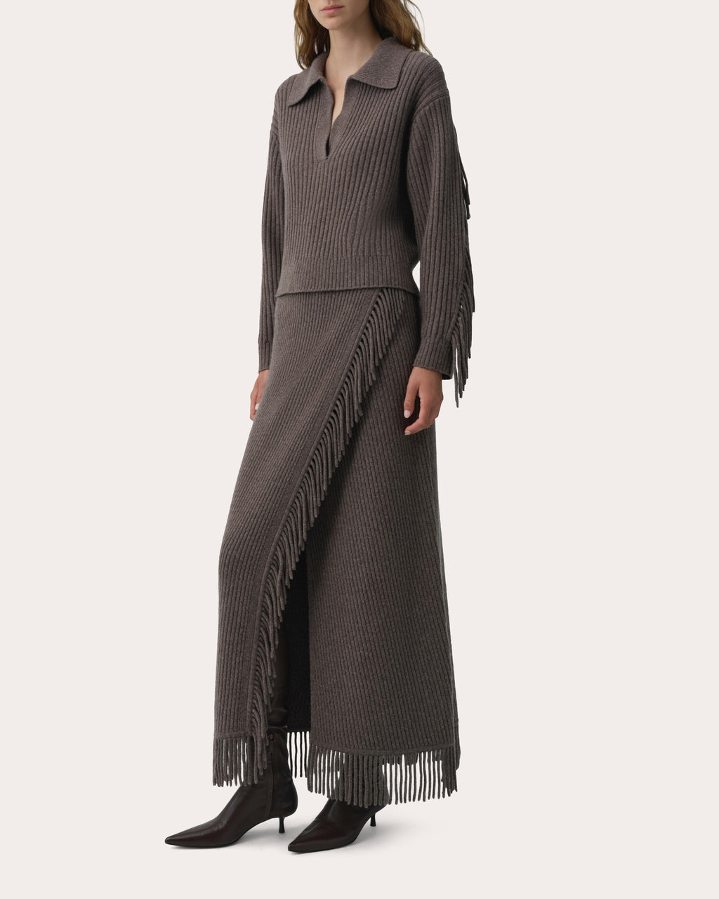 Casey Wool Knit Fringe Midi Skirt