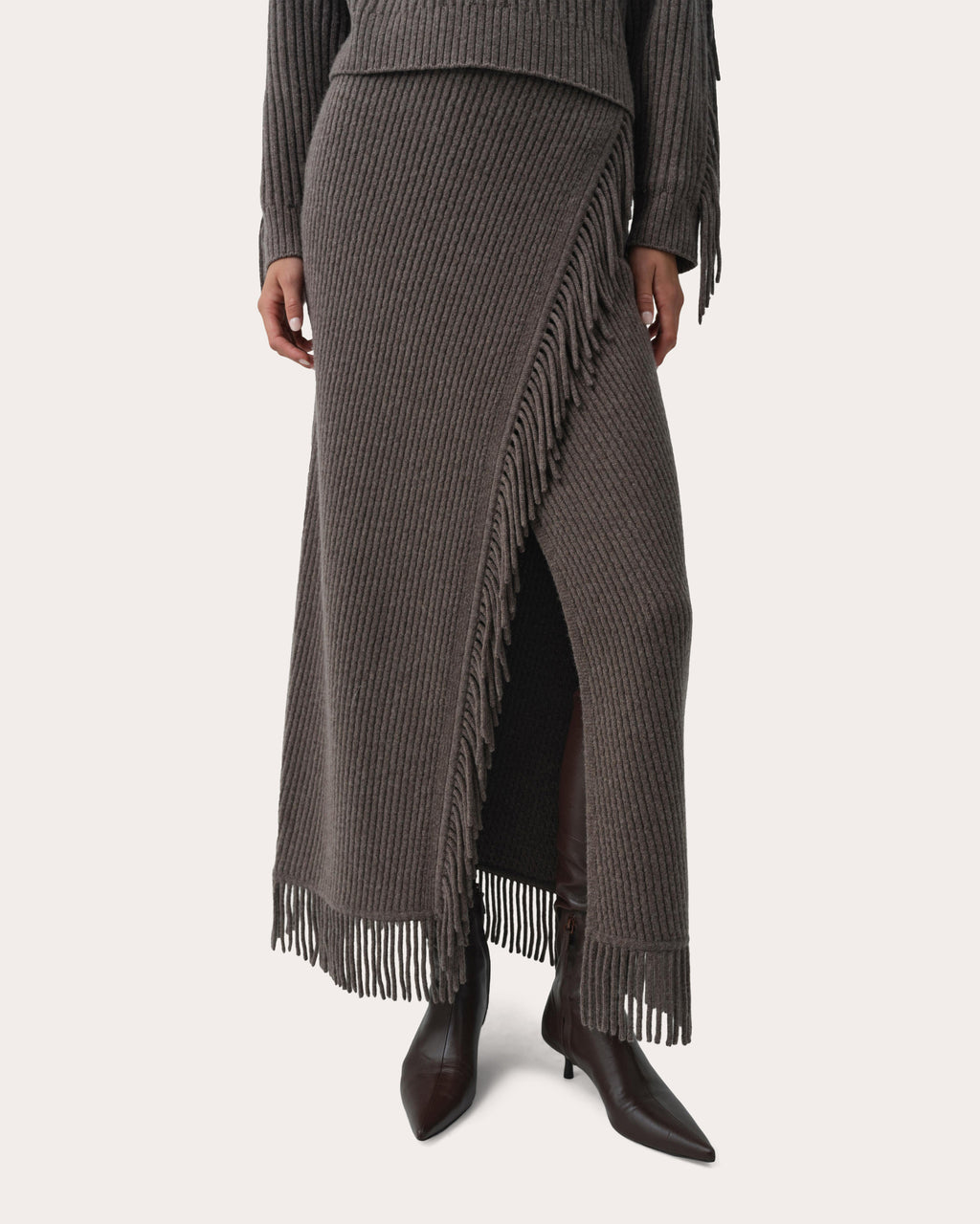 Casey Wool Knit Fringe Midi Skirt