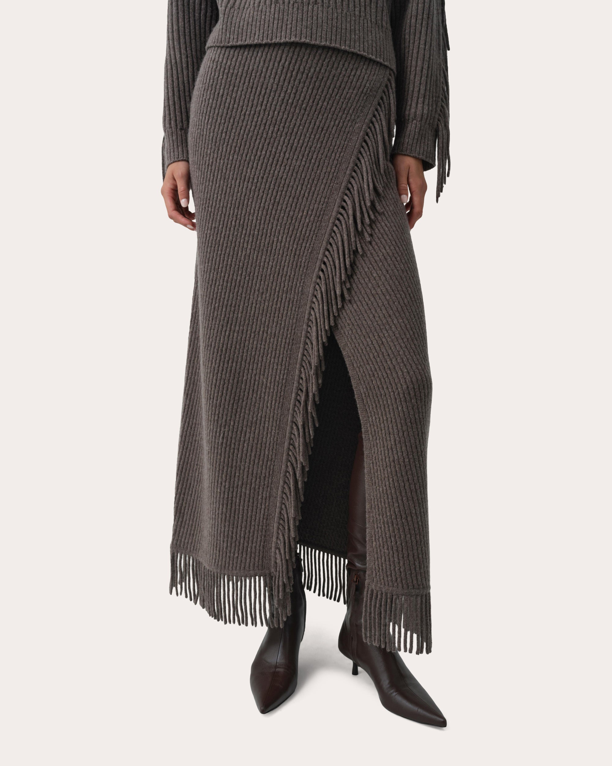 Casey Wool Knit Fringe Midi Skirt