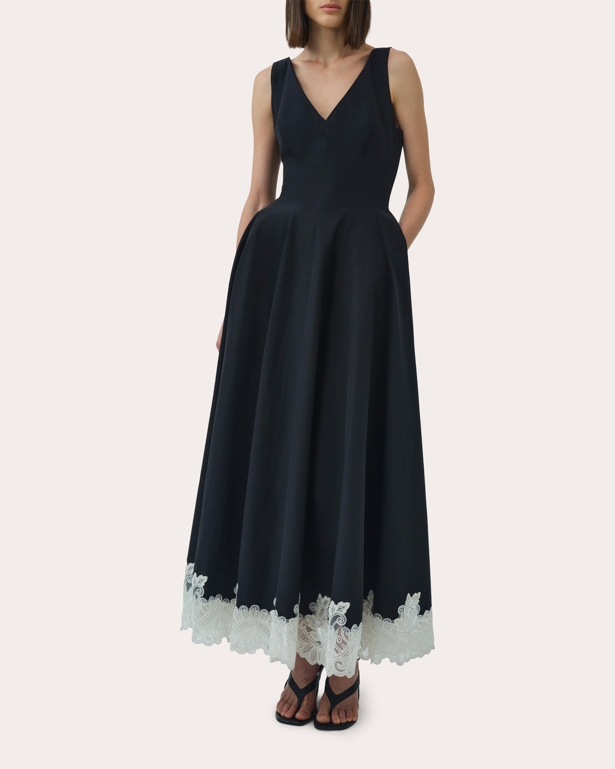 SIMKHAI Mira Cotton Faille Lace Midi Dress, Black Multi, Women's, 36EU