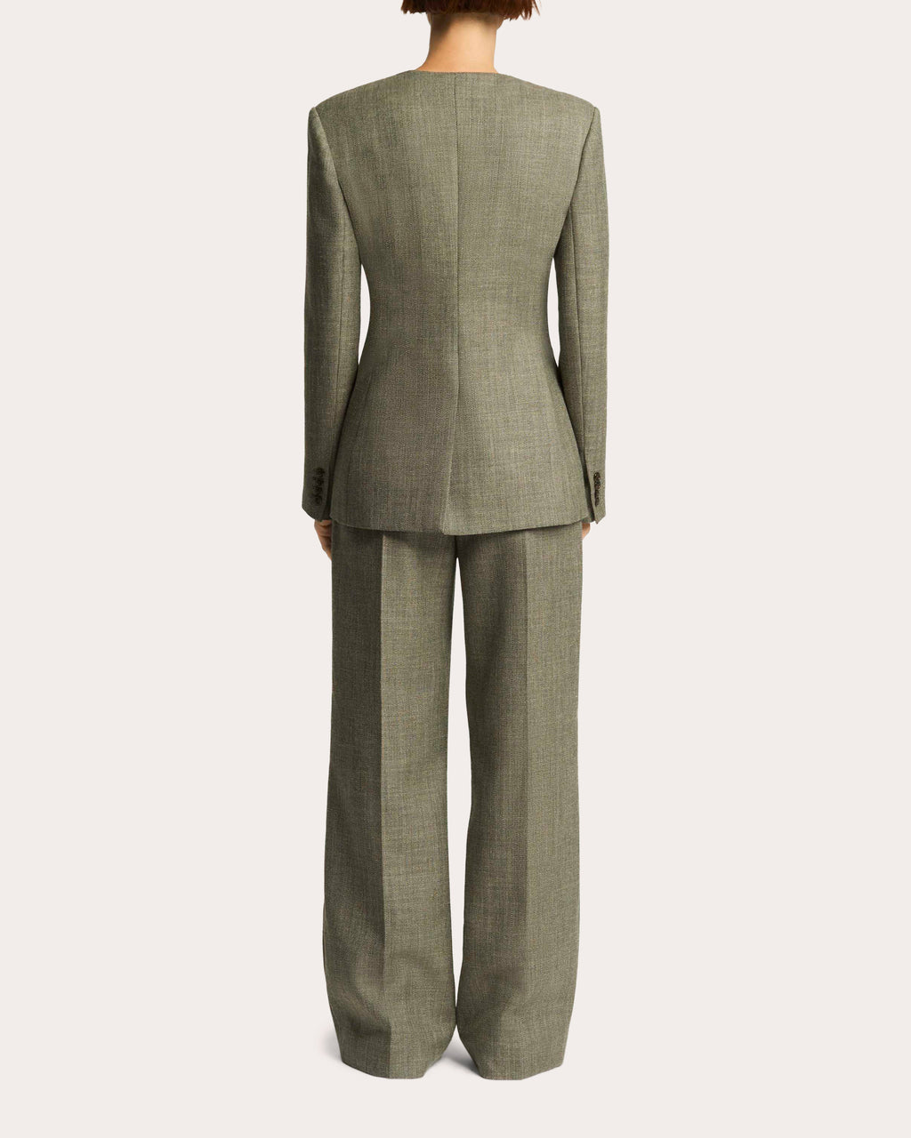 Herringbone Wool Double-Breasted Crewneck Blazer