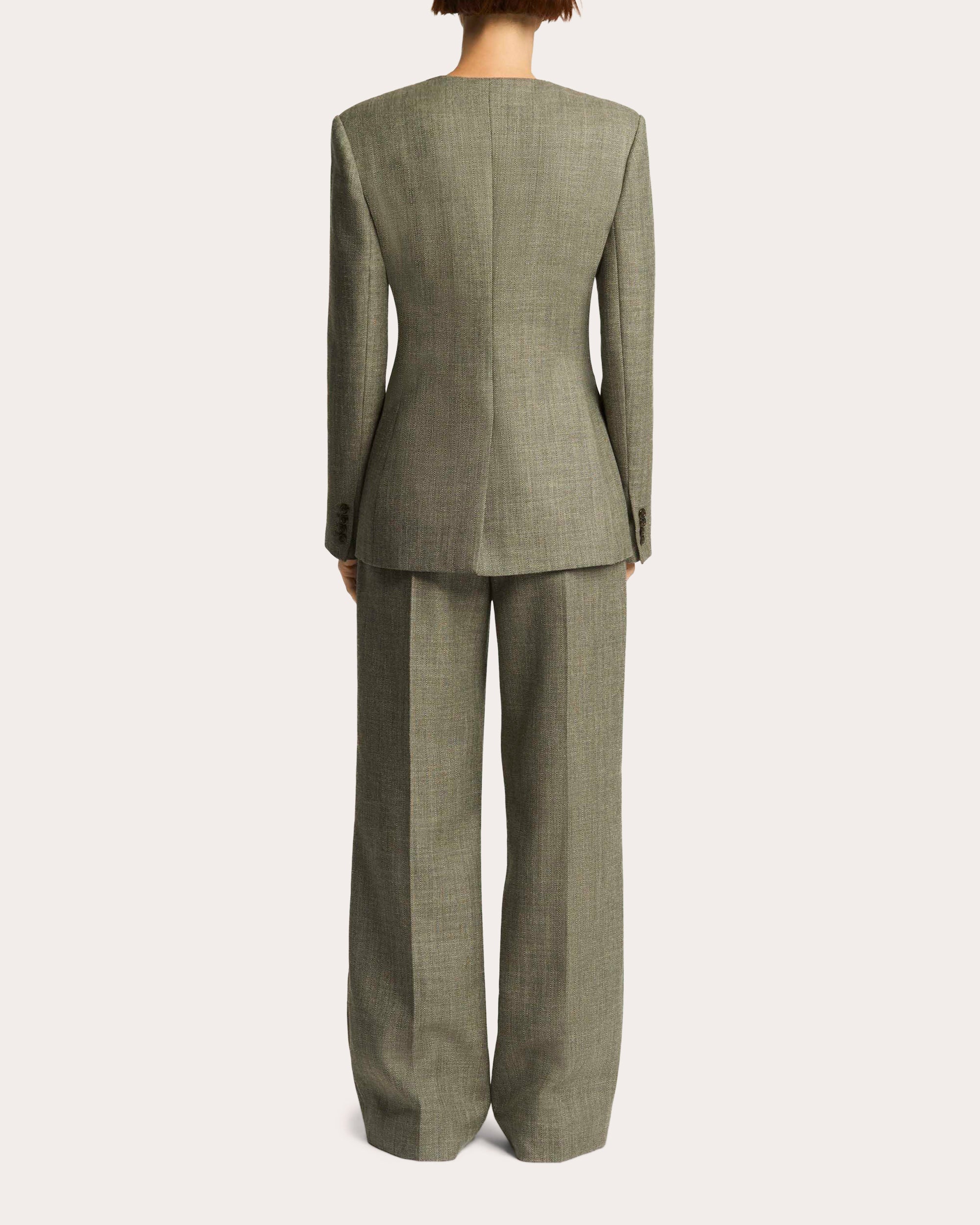 Herringbone Wool Double-Breasted Crewneck Blazer