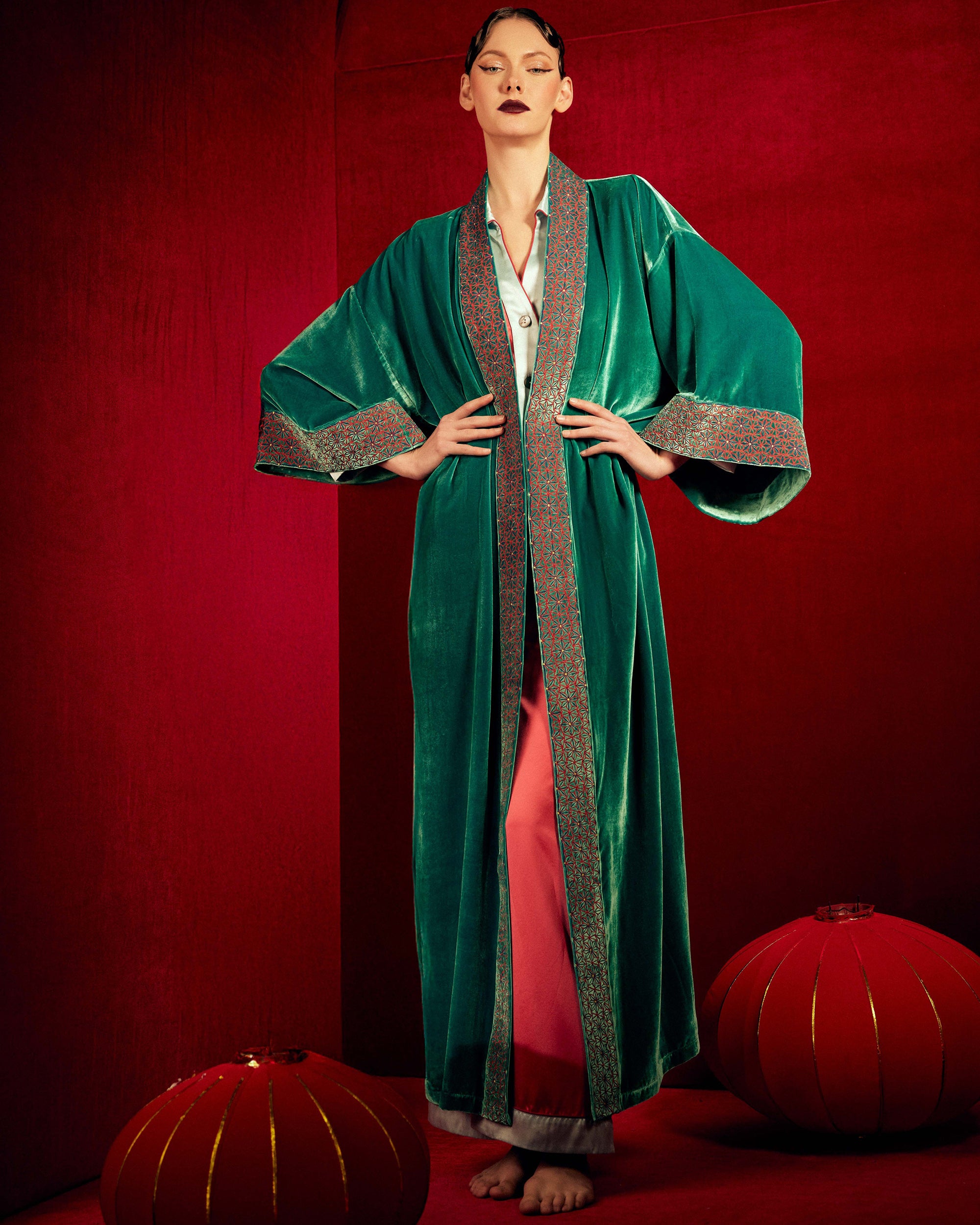 Nikko Embroidered Velvet Long Kimono
