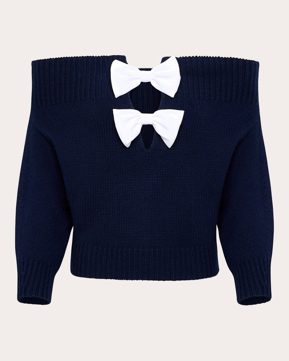Colin Velvet Bow Off-Shoulder Sweater