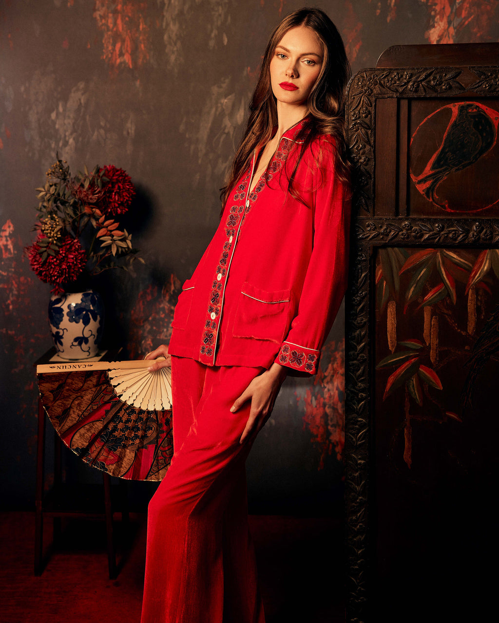 Tokyo Embroidered Velvet Pajama Set