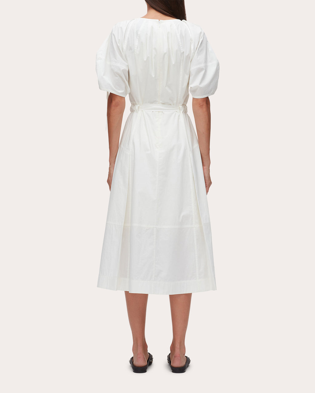 Cotton Poplin Ruched-Sleeve Midi Dress