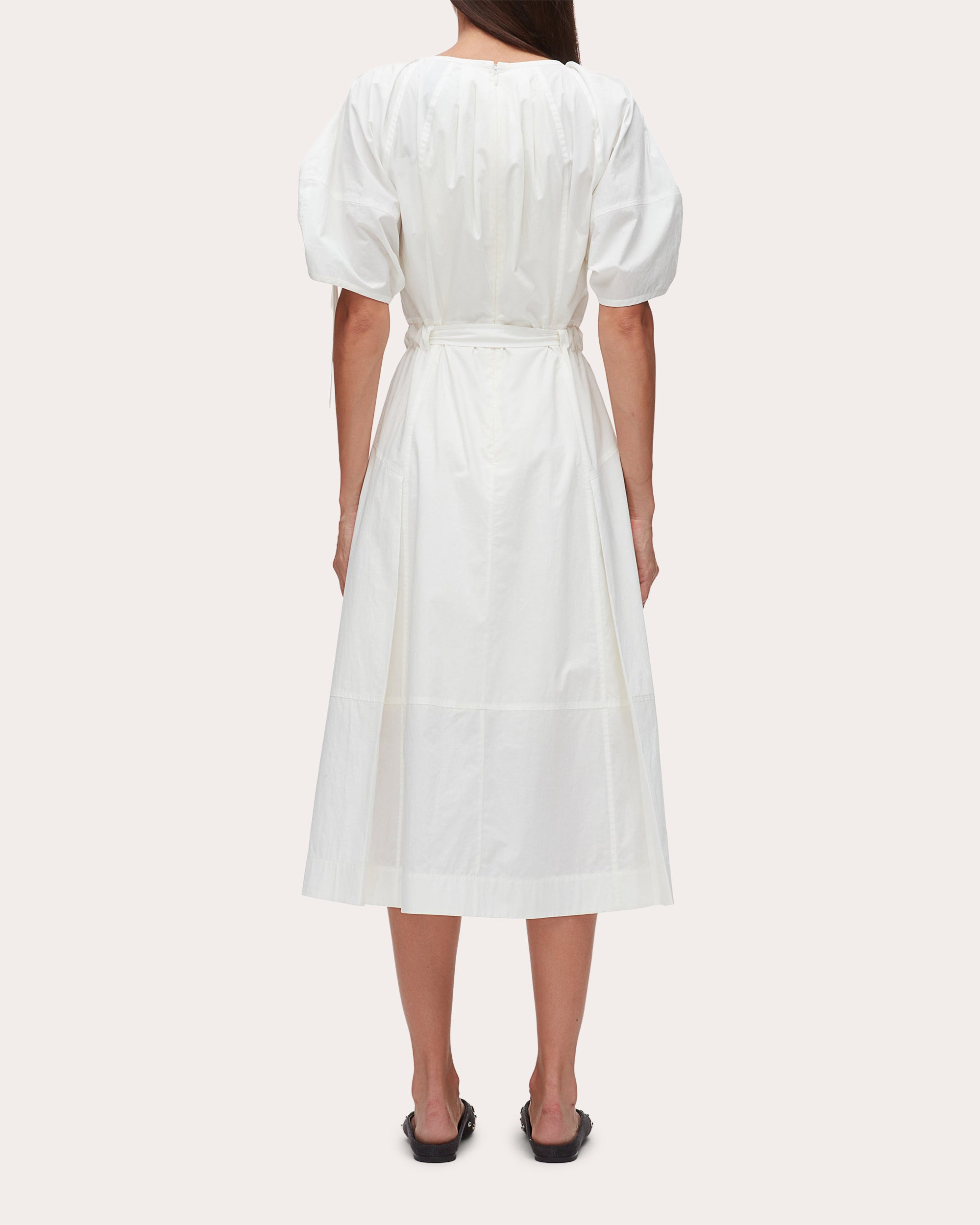 Cotton Poplin Ruched-Sleeve Midi Dress