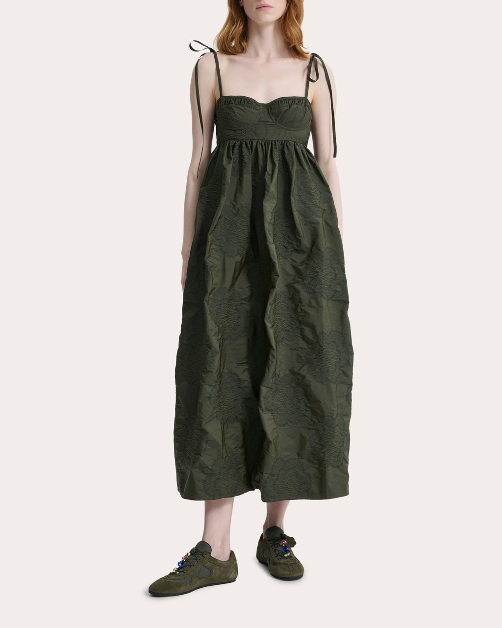 Alena Floral Borus Jacquard Empire-Waist Midi Dress