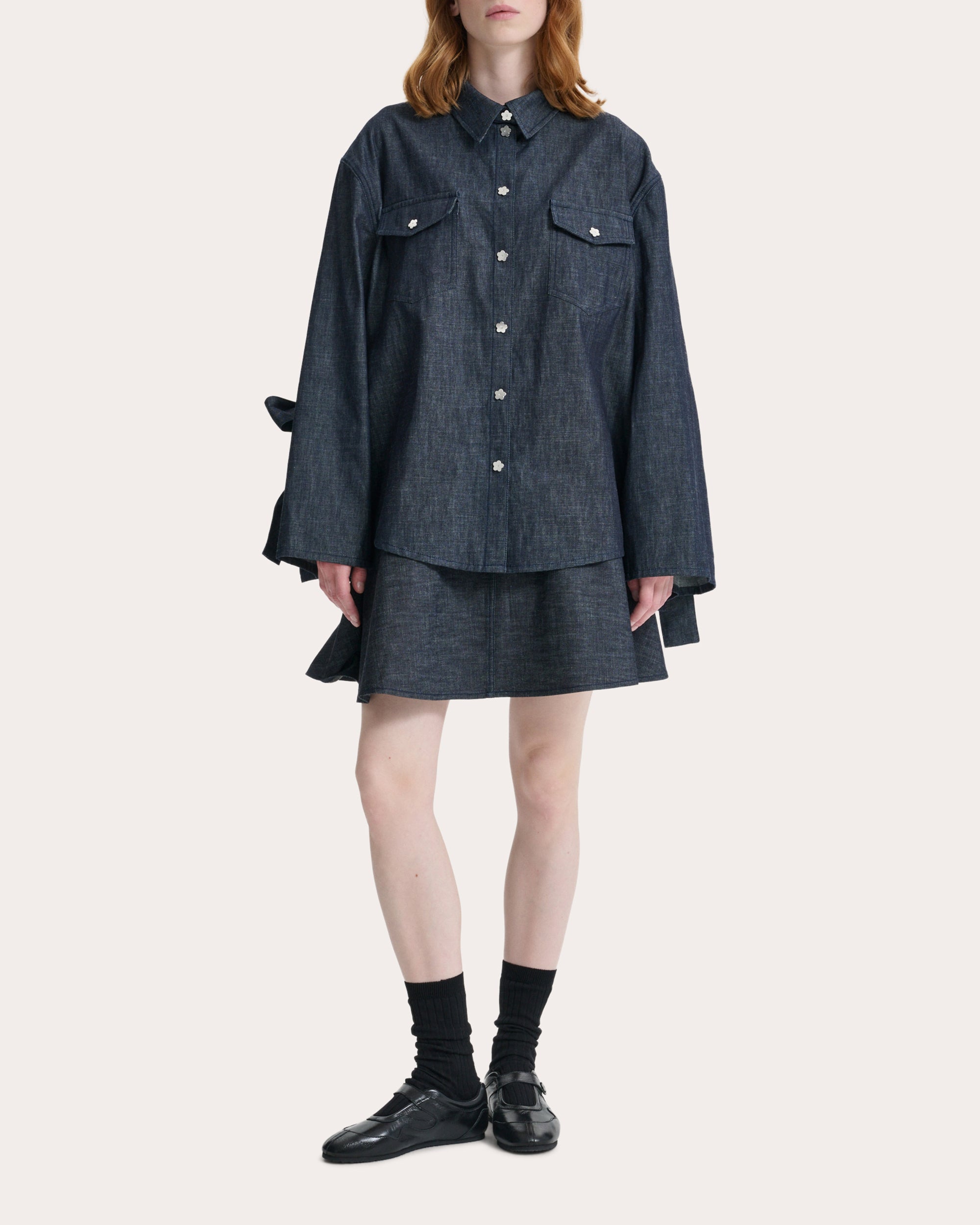 Coral Denim Bow-Sleeve Shirt