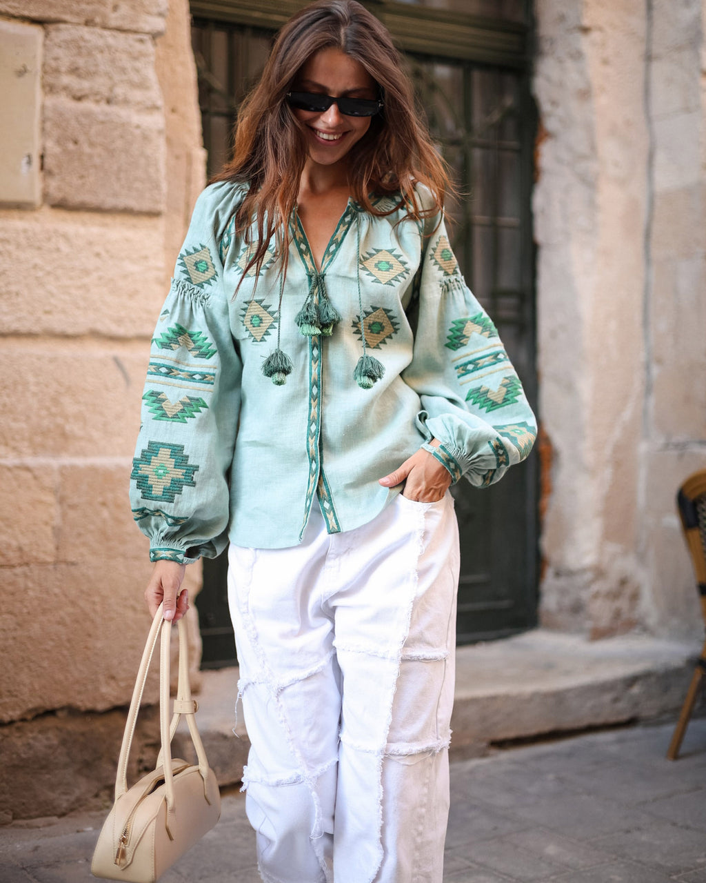 Rombé Geometric Embroidered Linen Blouse