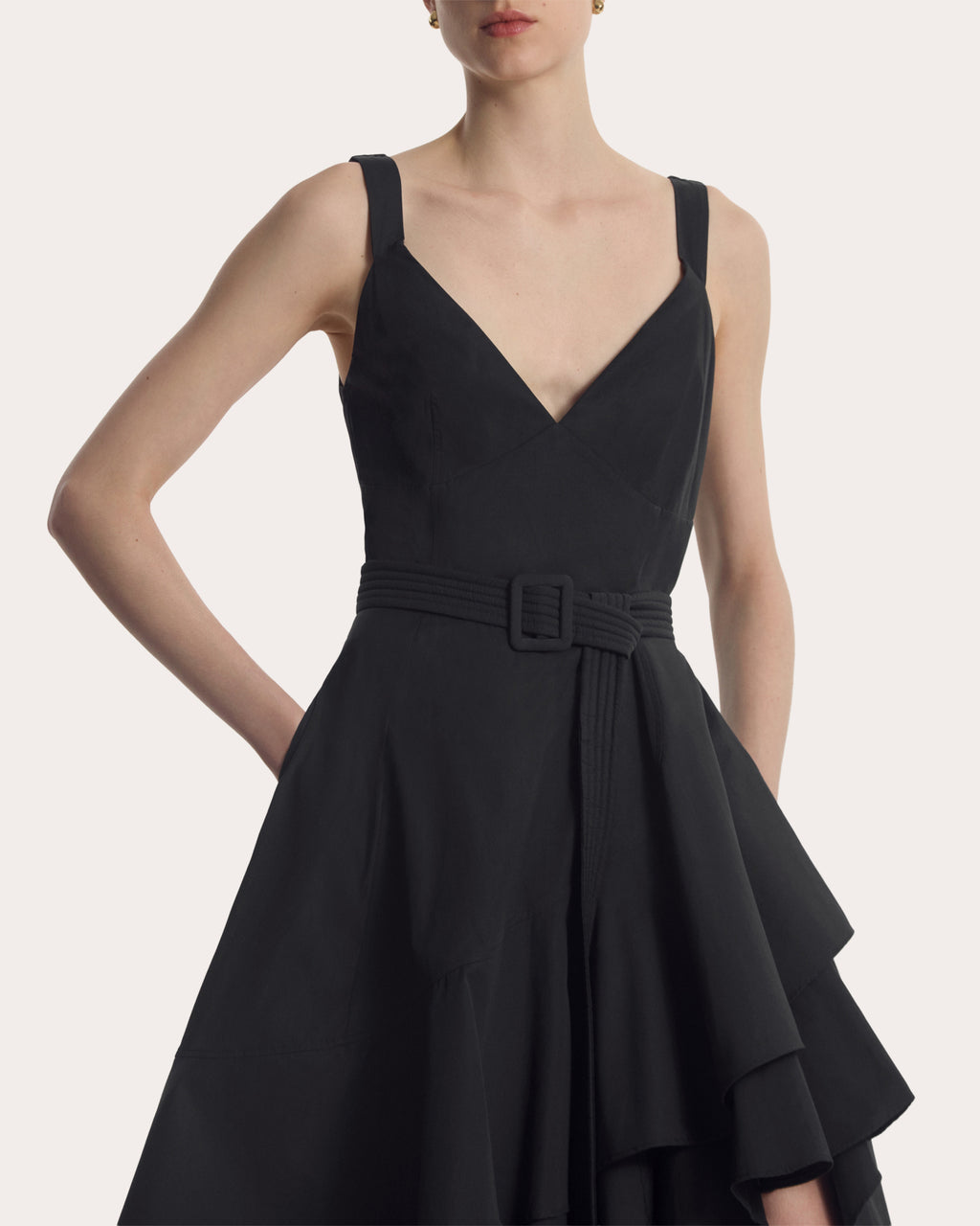 Cotton Poplin Asymmetric Tiered Midi Dress