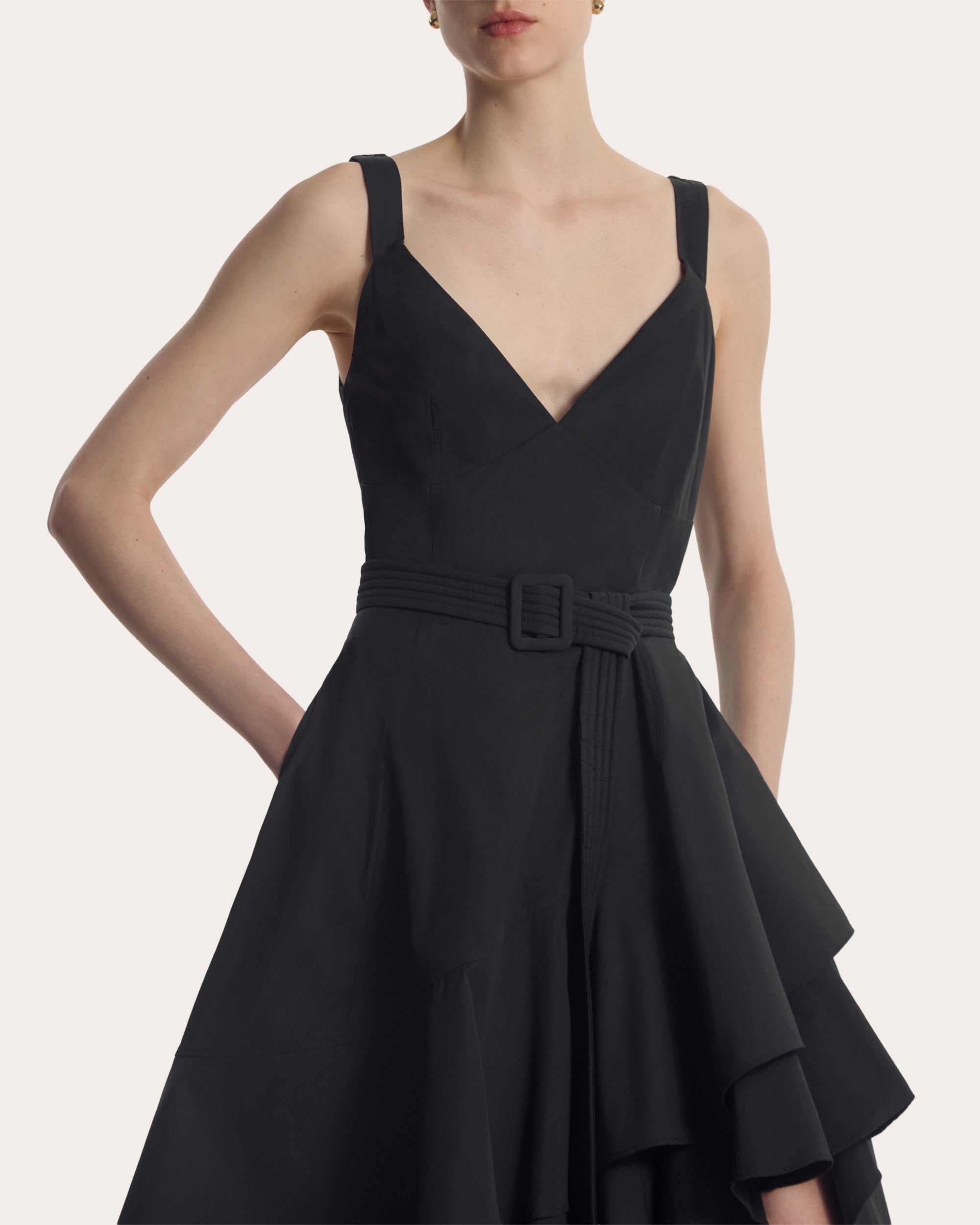 Cotton Poplin Asymmetric Tiered Midi Dress