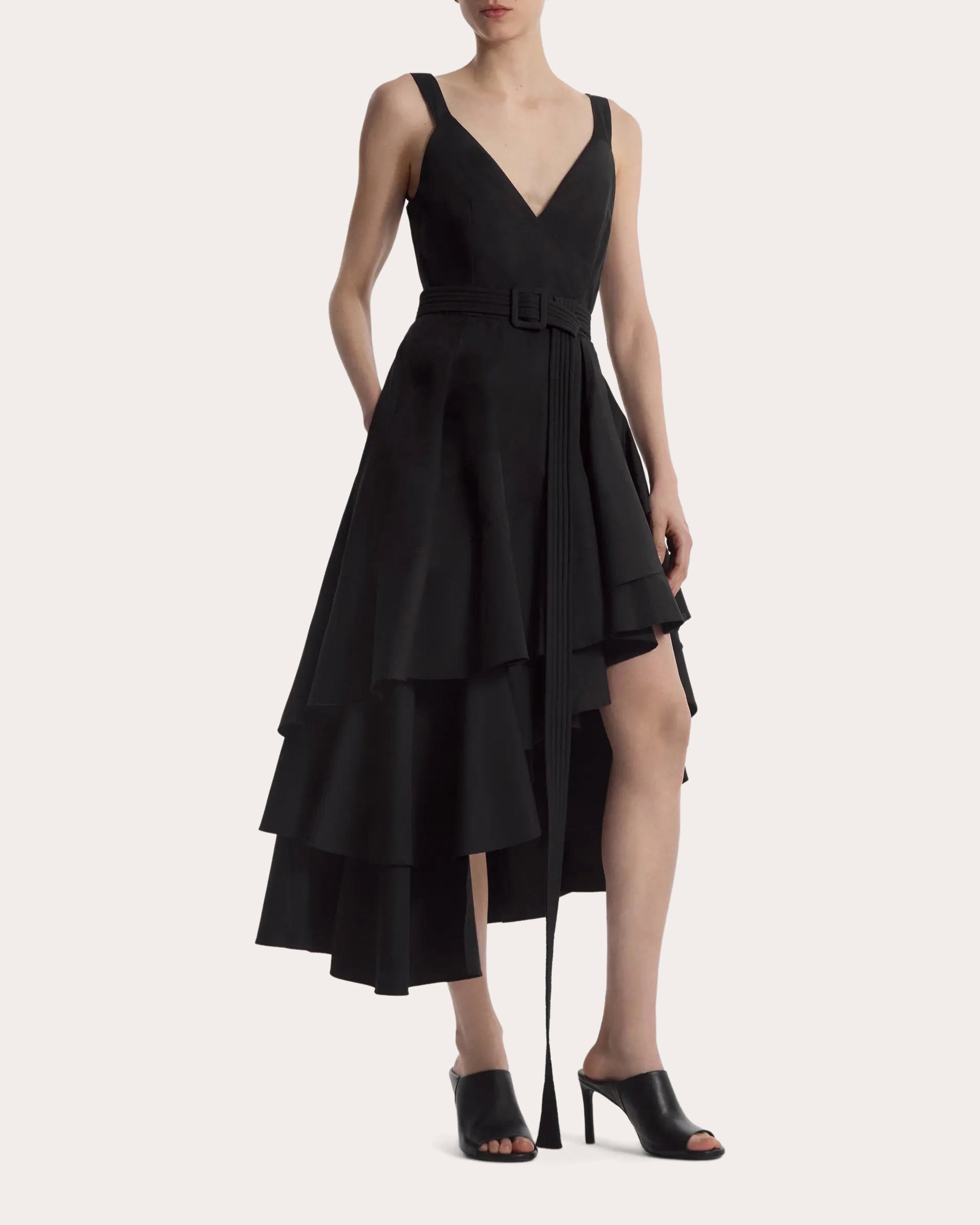 Cotton Poplin Asymmetric Tiered Midi Dress