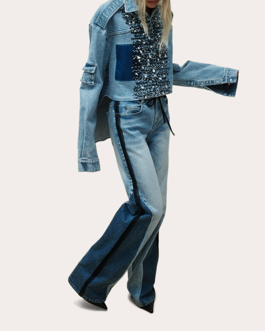 Trey Beaded High-Low Denim Jacket