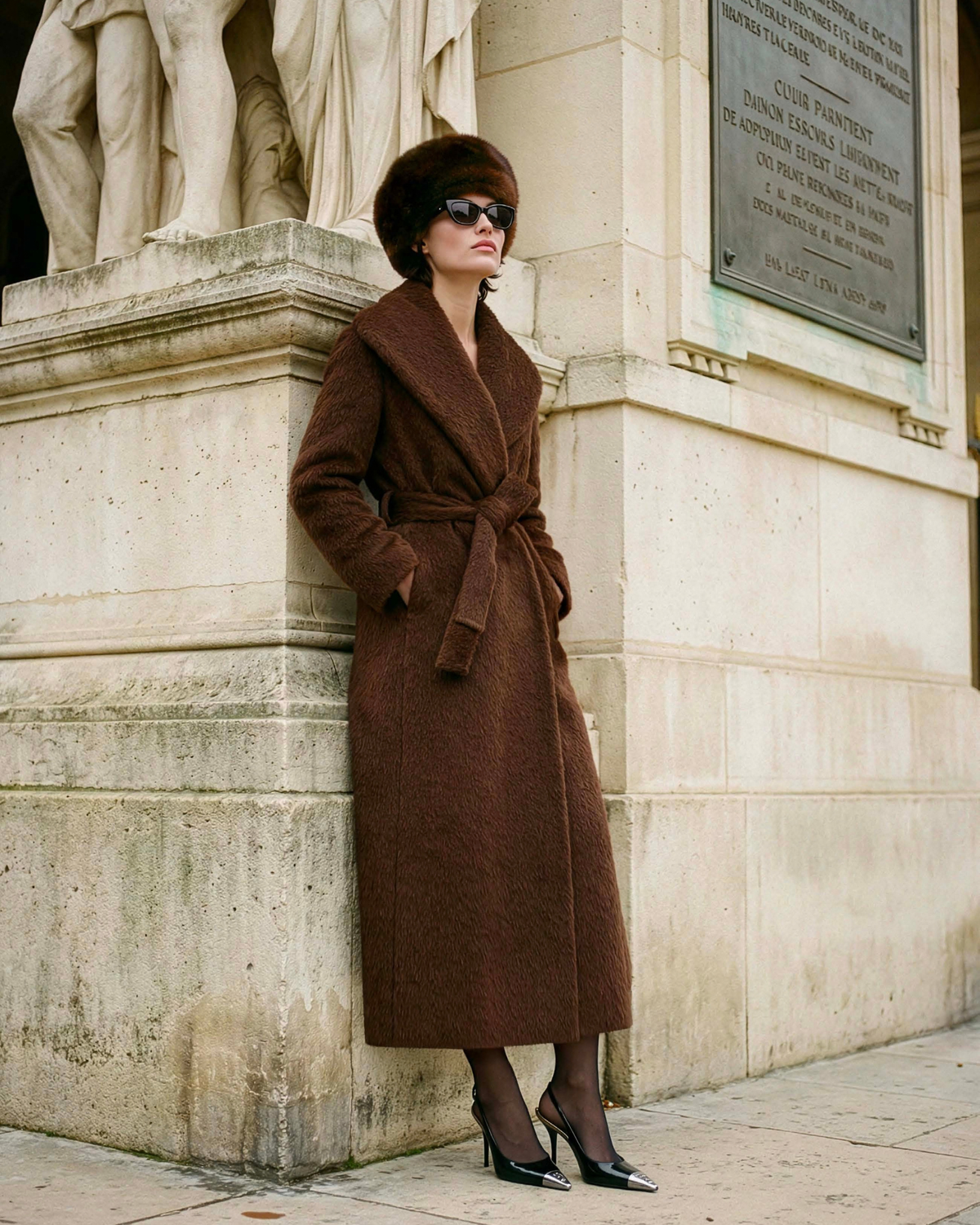 Textured Suri Alpaca Shawl Collar Maxi Wrap Coat