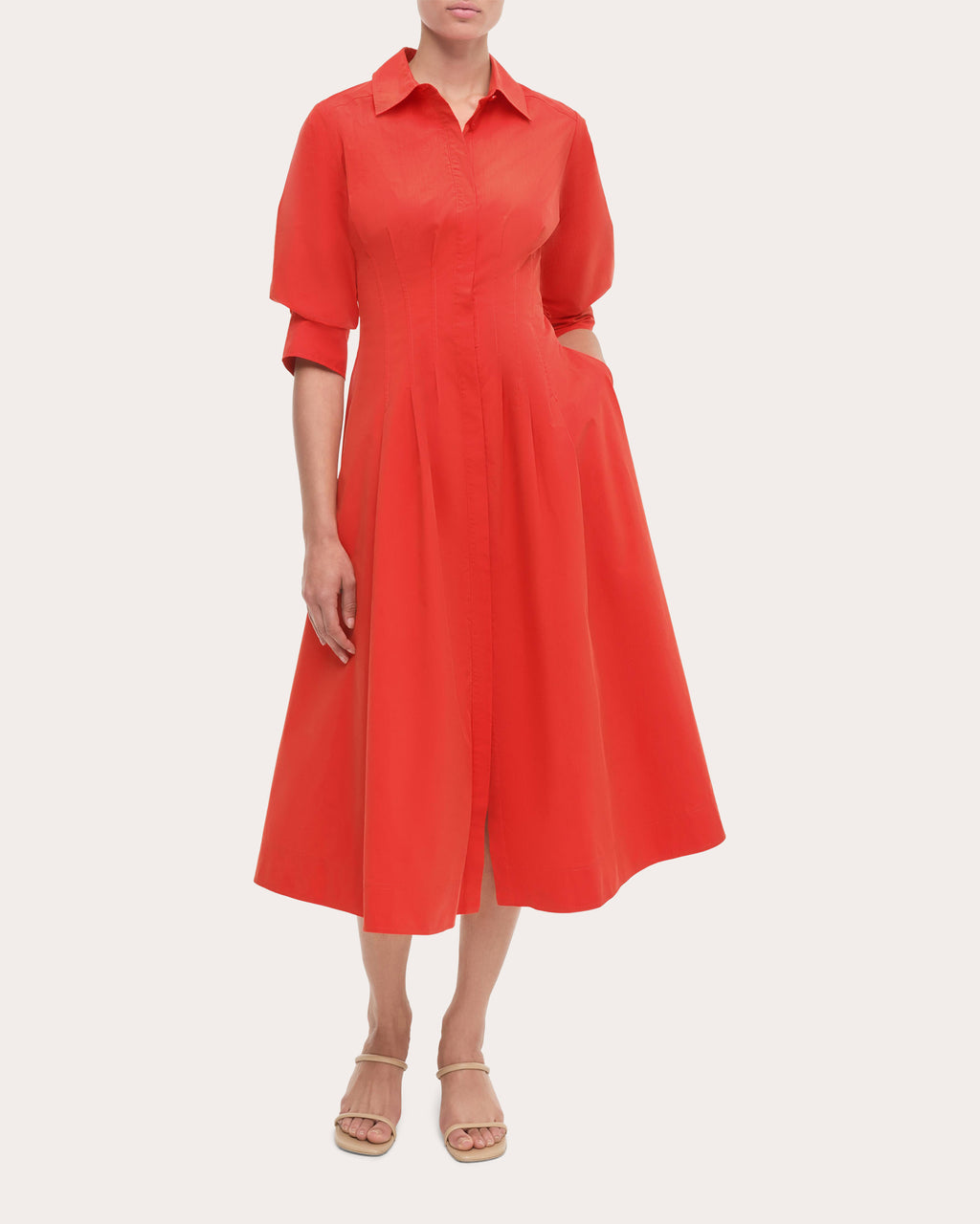Jazz Pleated Cotton Poplin Midi Shirt Dress
