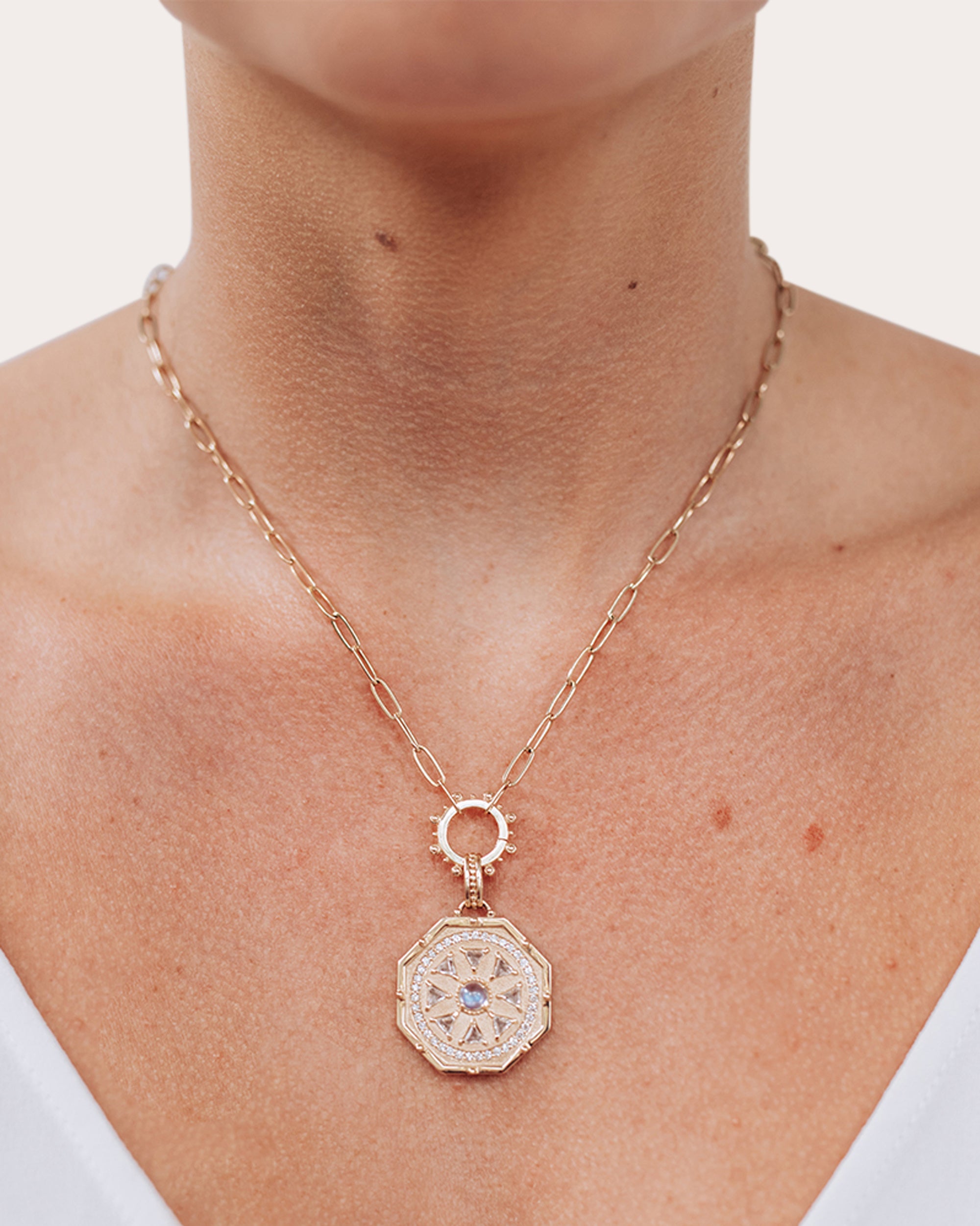 Moonstone & Topaz Aztec Octagon Deco Medallion Necklace