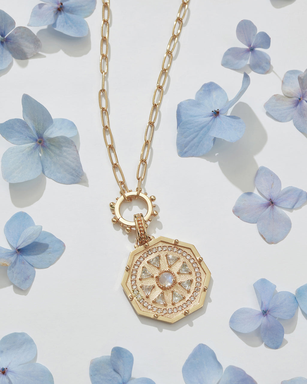 Moonstone & Topaz Aztec Octagon Deco Medallion Necklace