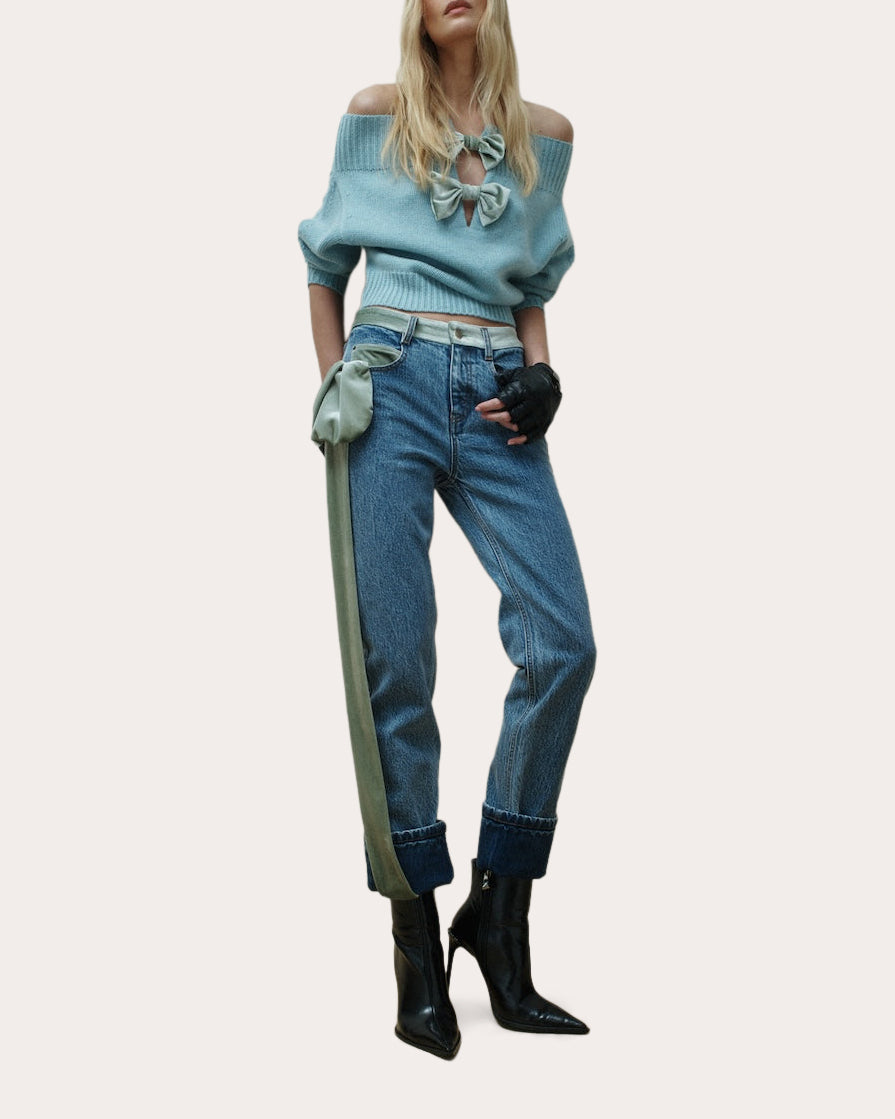 Colin Velvet Bow Off-Shoulder Sweater