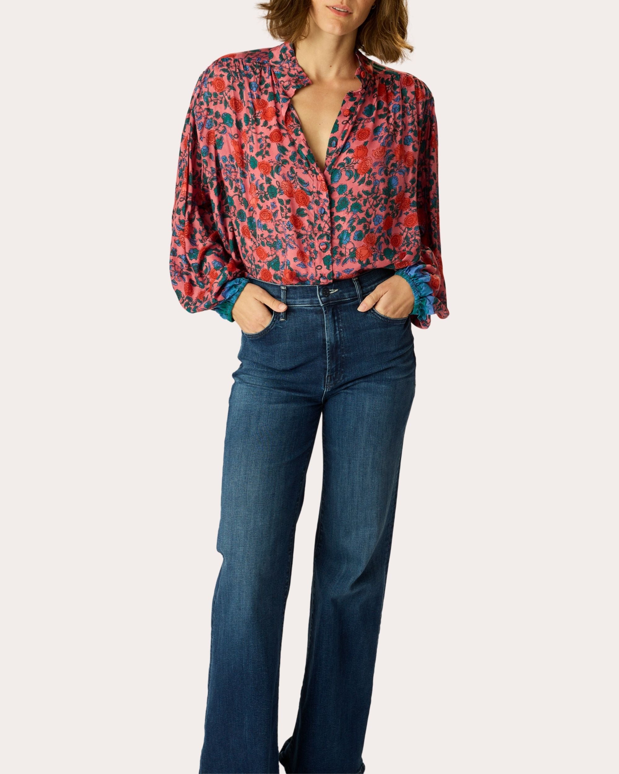 Iris Floral Button-Up Peasant Top