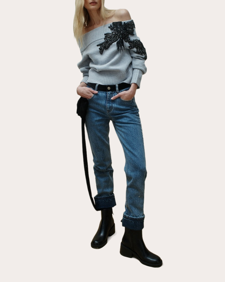 Nolt Beaded Wool Cashmere Off-Shoulder Sweater