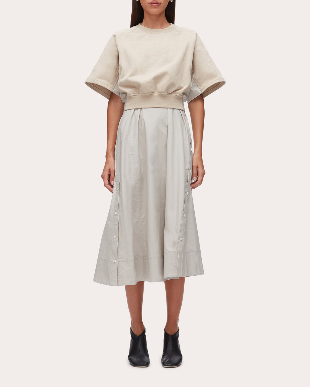 French Terry Poplin Combo Midi Dress