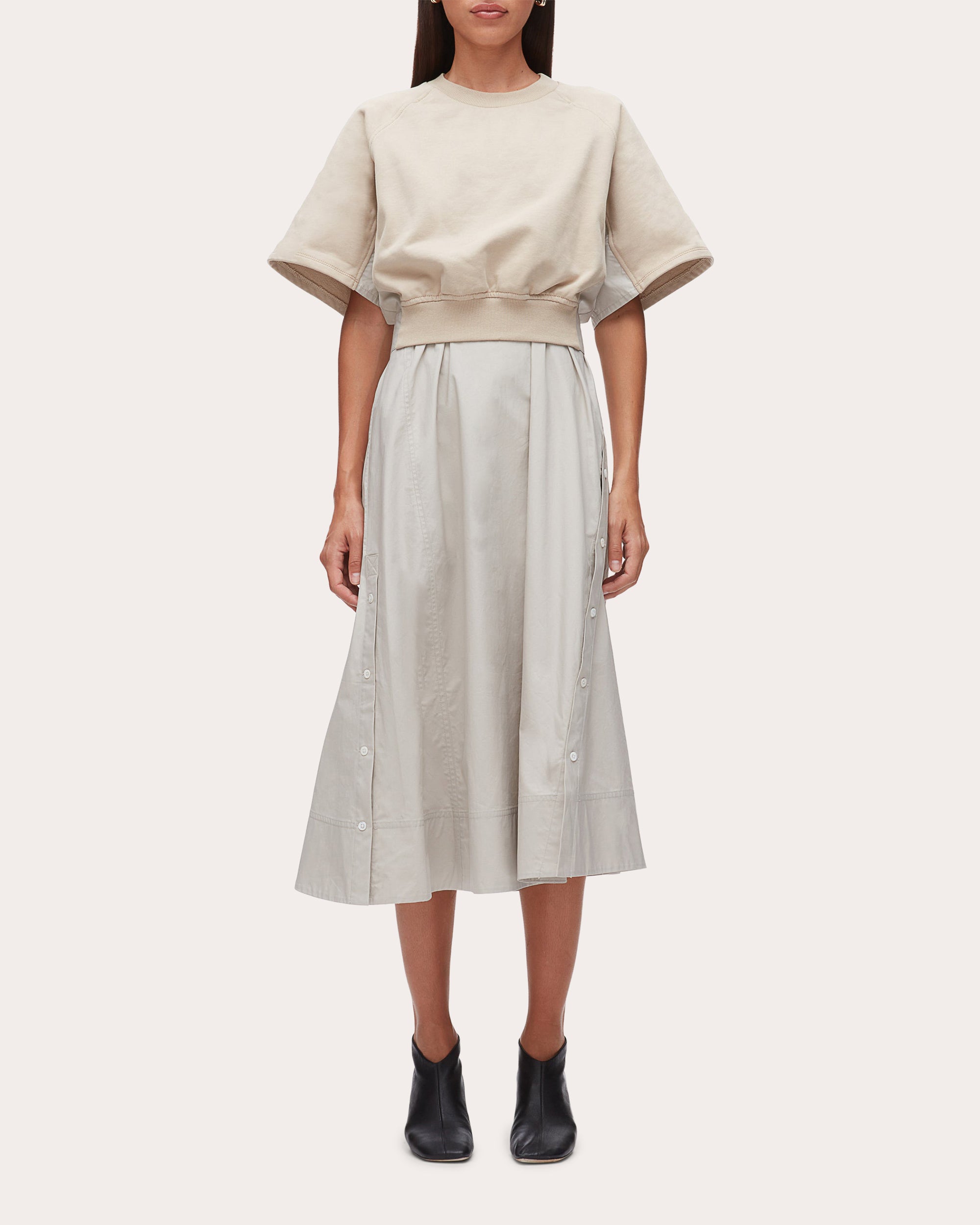 French Terry Poplin Combo Midi Dress