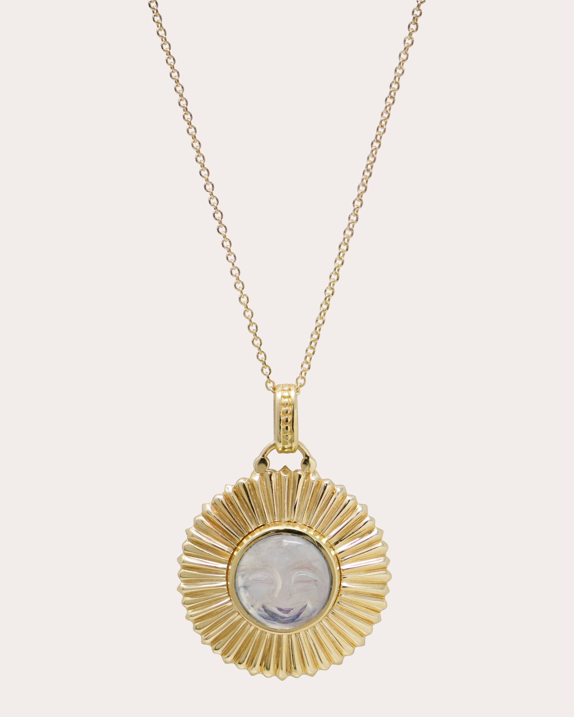 Moonstone Aztec Man on the Moon Medallion Necklace