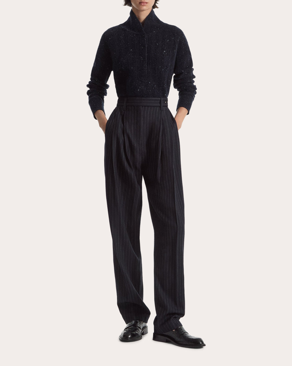 Pinstripe Wool Pleated Wide-Leg Trousers