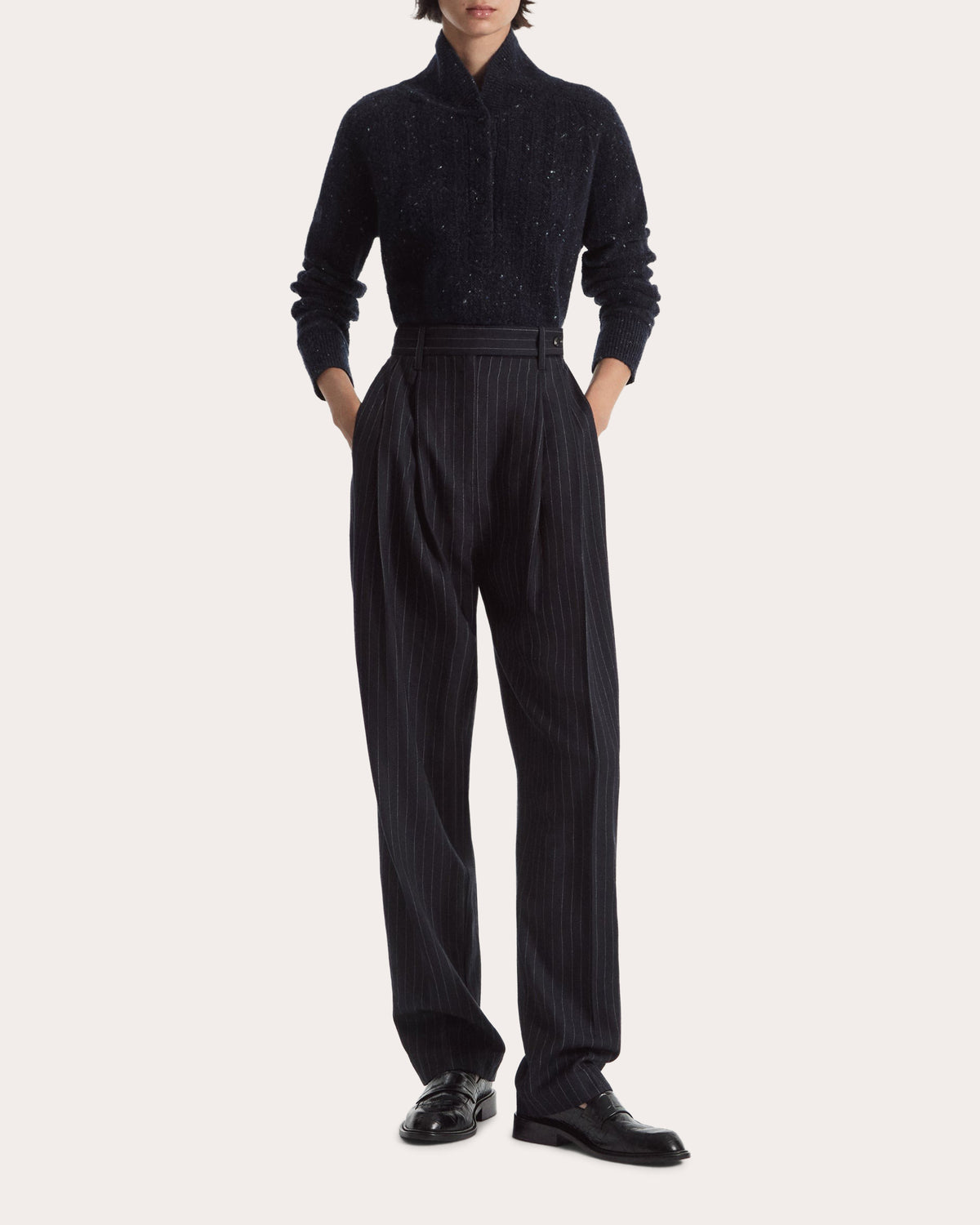 Pinstripe Wool Pleated Wide-Leg Trousers