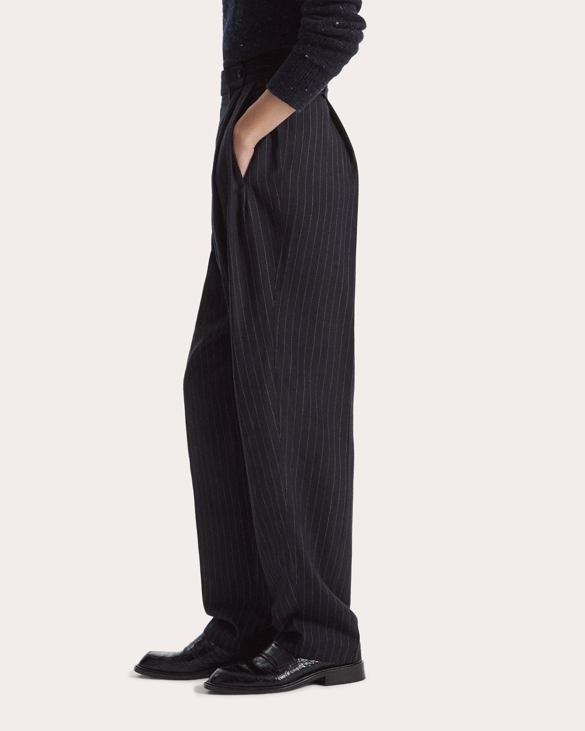 Pinstripe Wool Pleated Wide-Leg Trousers