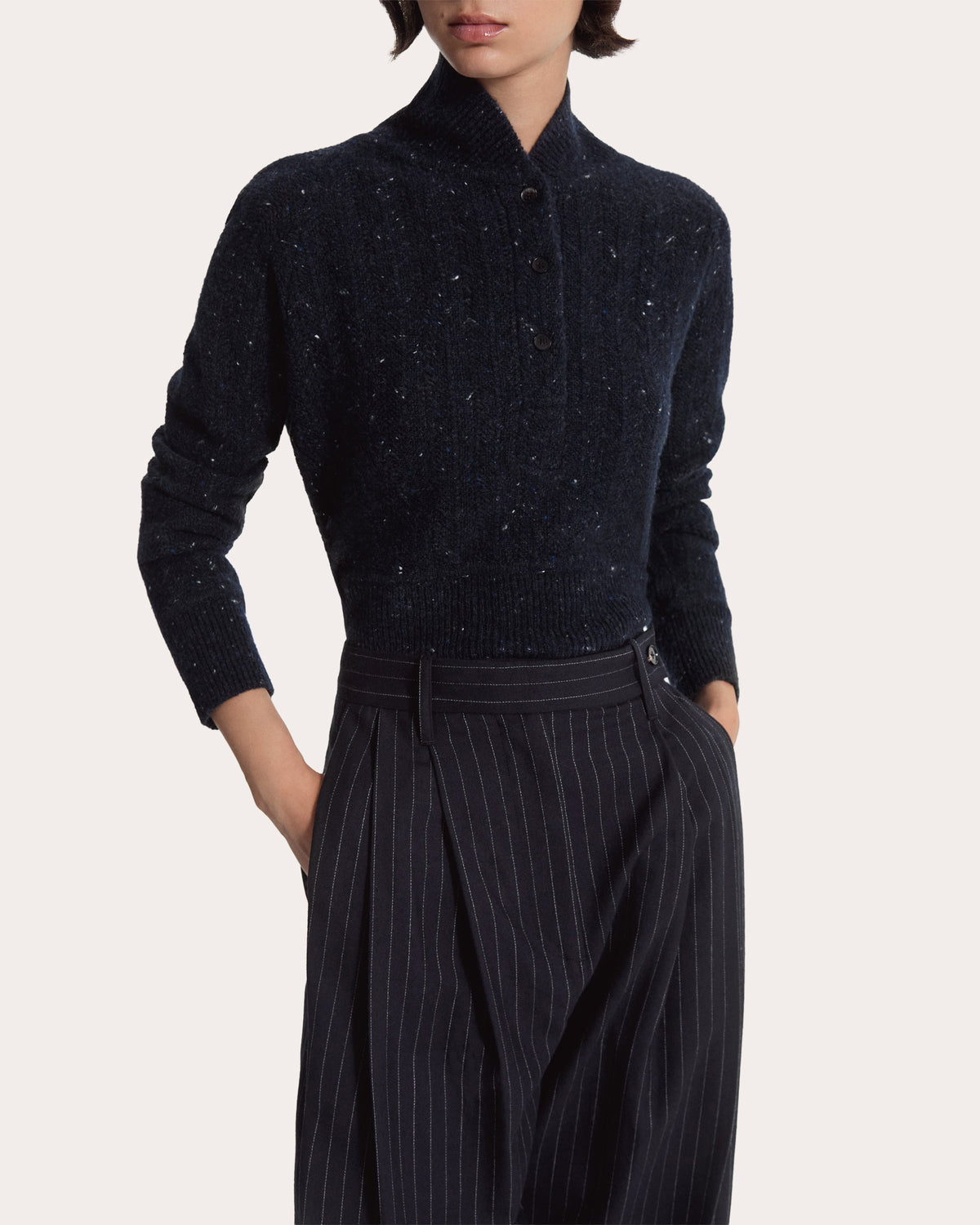 Pinstripe Wool Pleated Wide-Leg Trousers