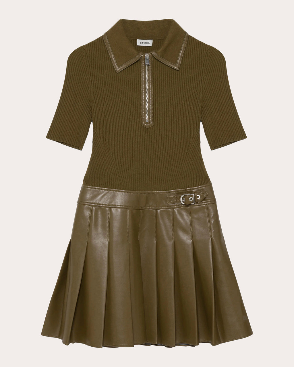 Linnie Knit Faux Leather Combo Pleated Mini Dress