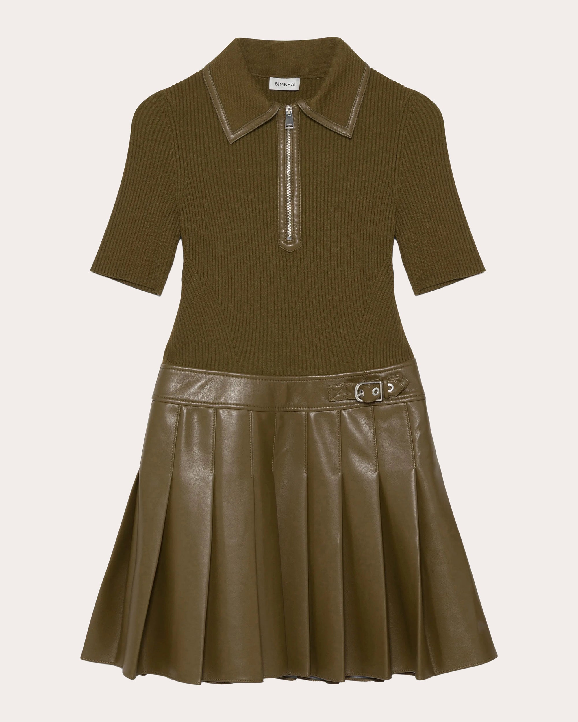 Linnie Knit Faux Leather Combo Pleated Mini Dress