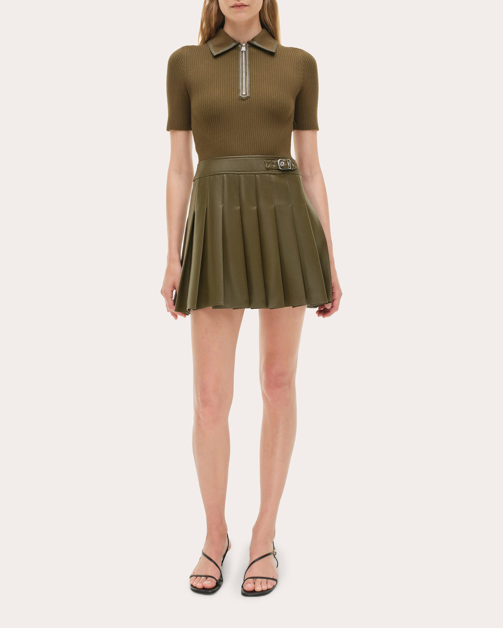 Linnie Knit Faux Leather Combo Pleated Mini Dress