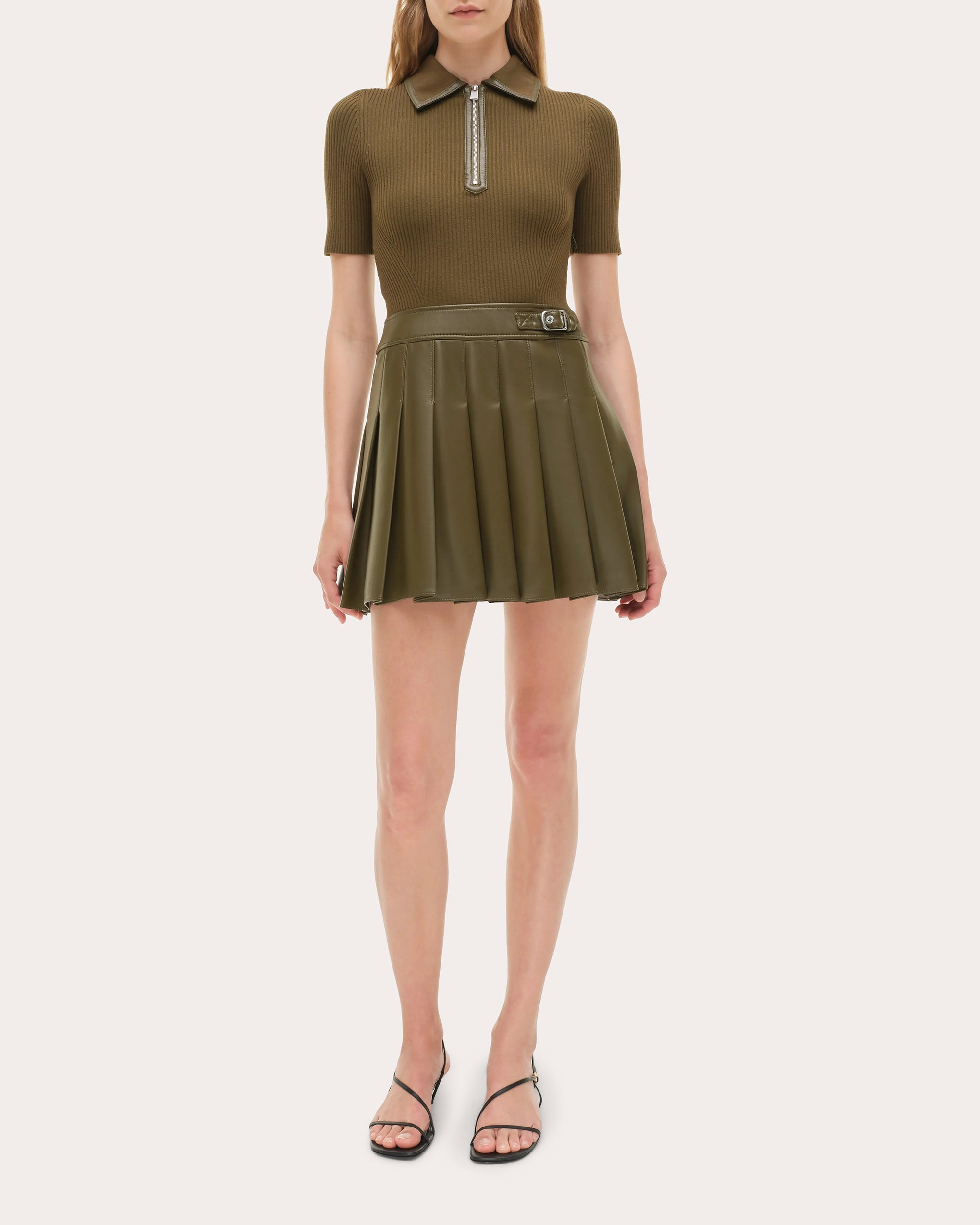 Linnie Knit Faux Leather Combo Pleated Mini Dress