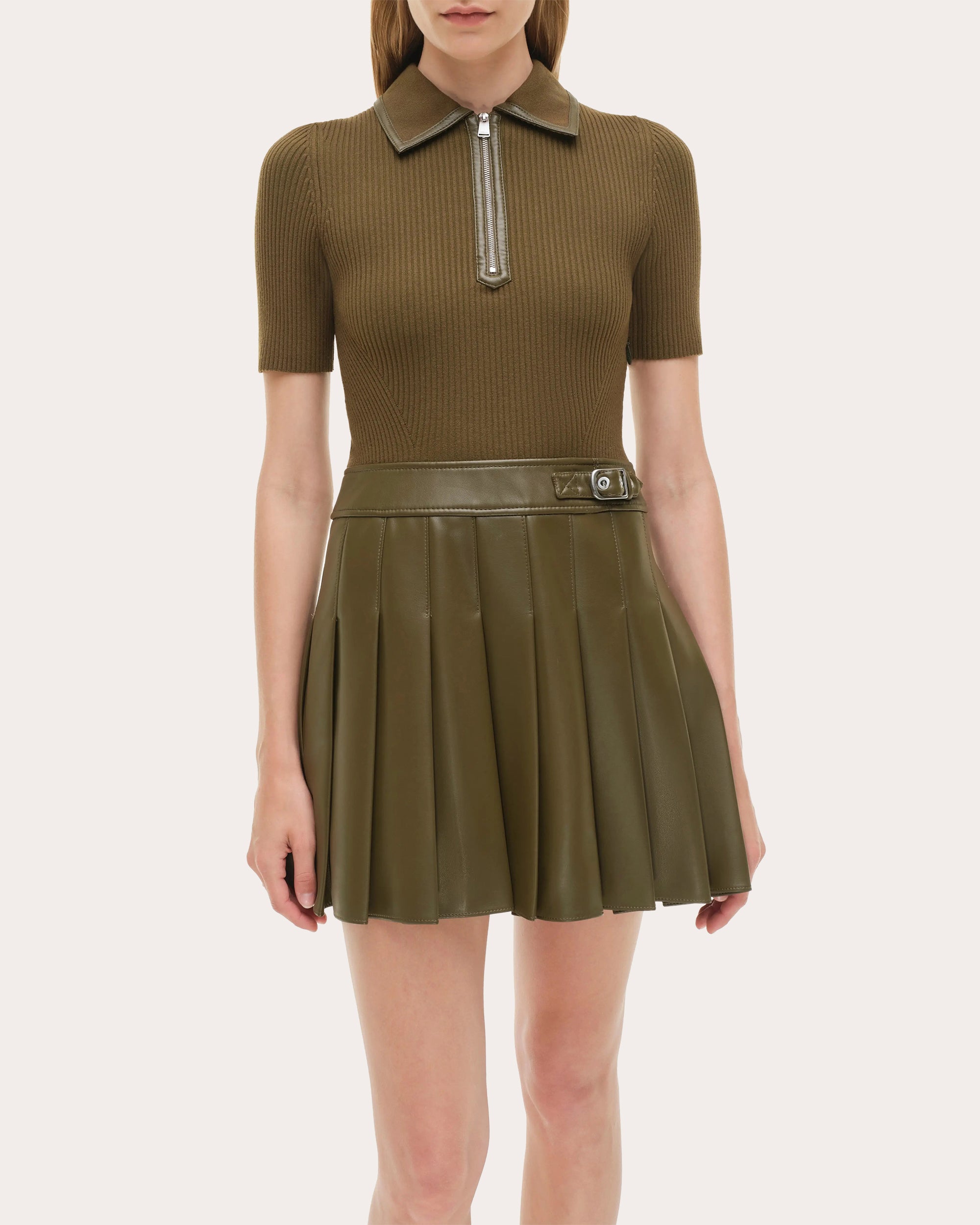 Linnie Knit Faux Leather Combo Pleated Mini Dress