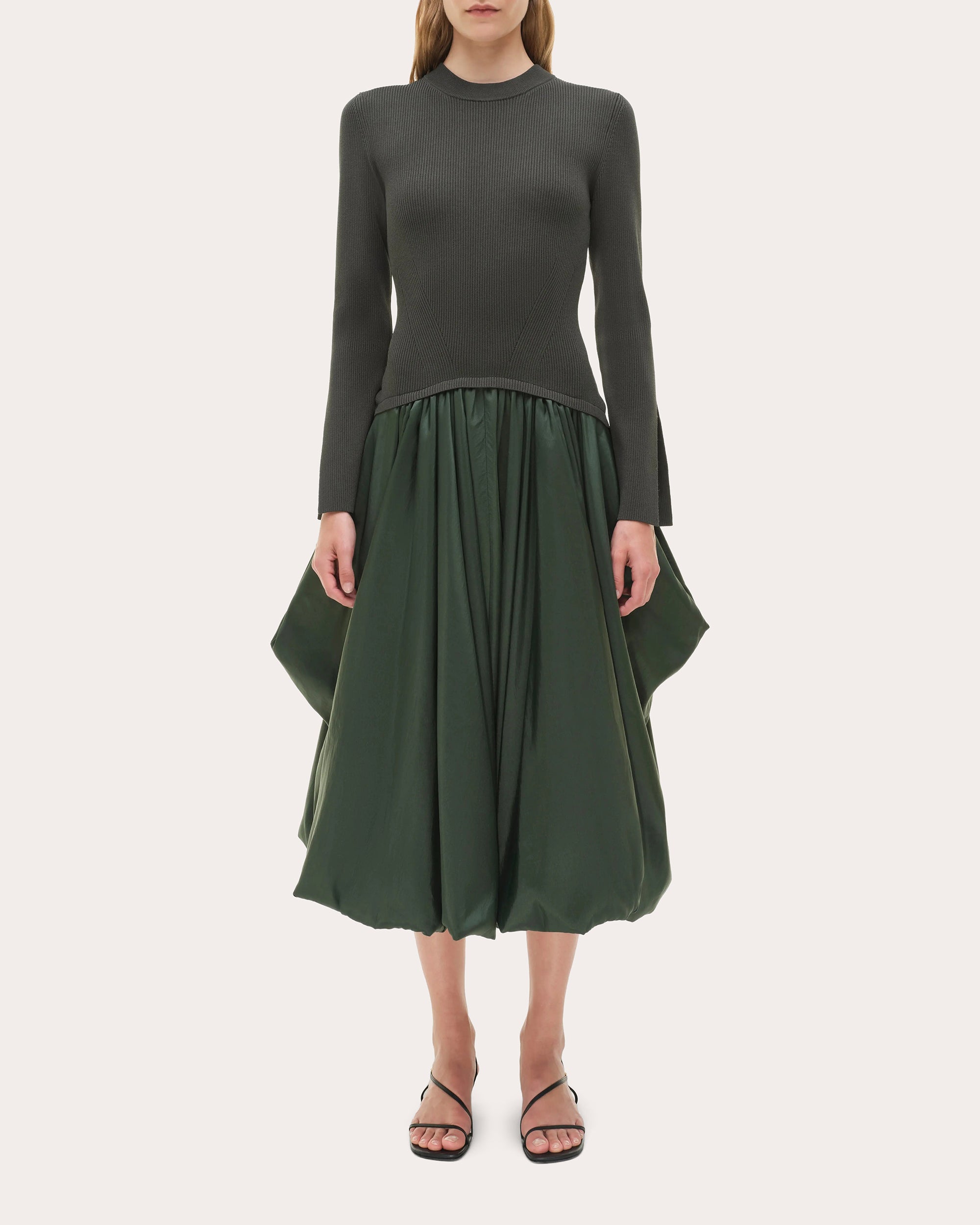 Kenlie Knit Taffeta Combo Gathered Midi Dress | Olivela